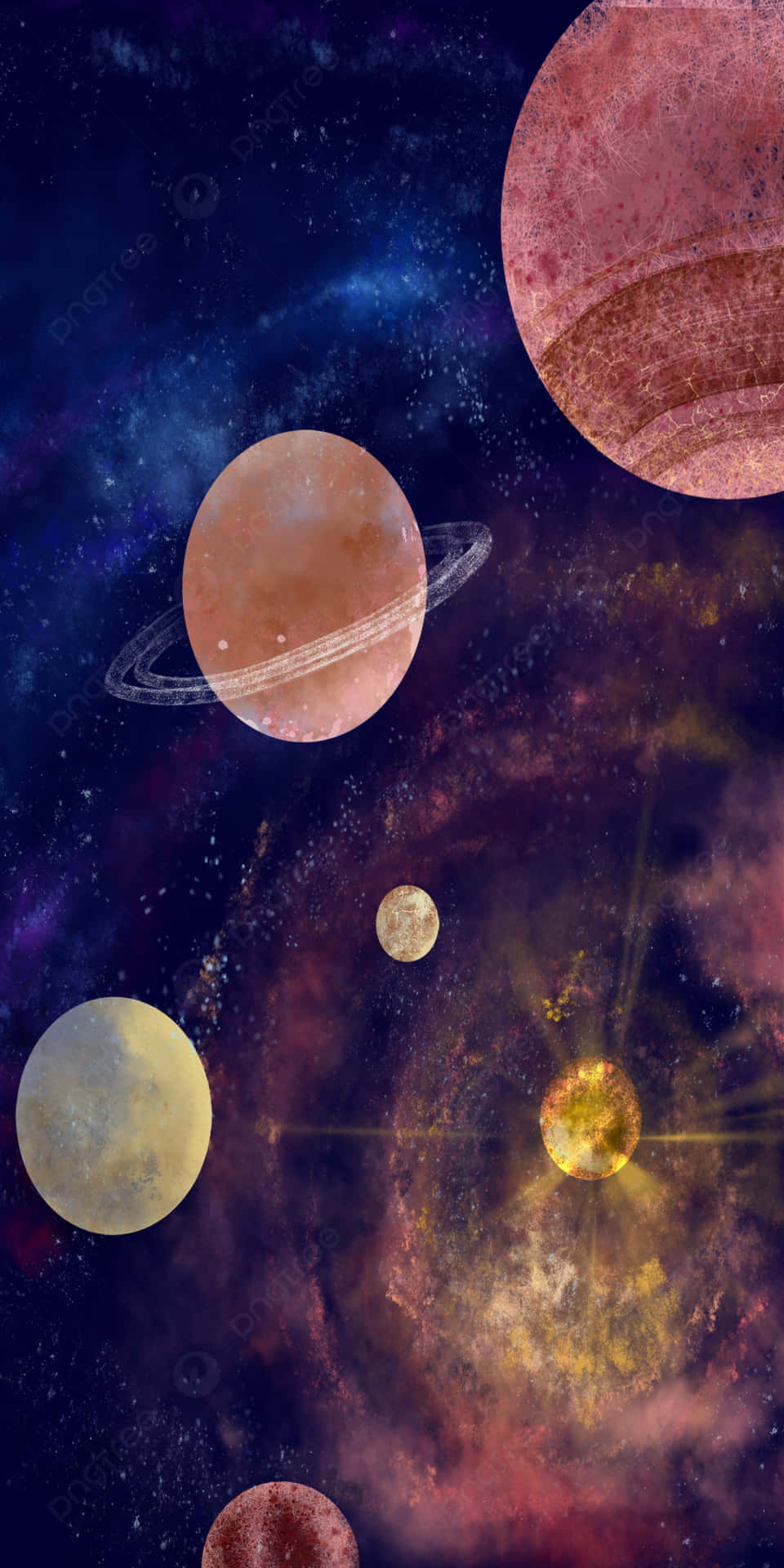  壁紙 — 充滿活力的宇宙場景，發光的行星和恆星在深紫色和橙色的星雲中旋轉。