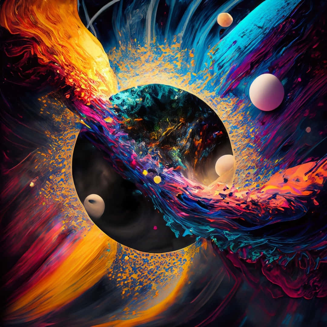  壁紙 — 充滿活力的橙色、藍色和紫色宇宙漩渦在一個帶有浮動行星的中央黑洞周圍爆炸。
