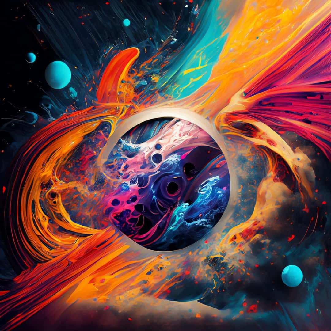  壁紙 — 充滿活力的橙色、粉紅色和藍綠色宇宙漩渦在中央傳送門周圍爆發，顯露出一個帶有浮動球體的超現實星雲。