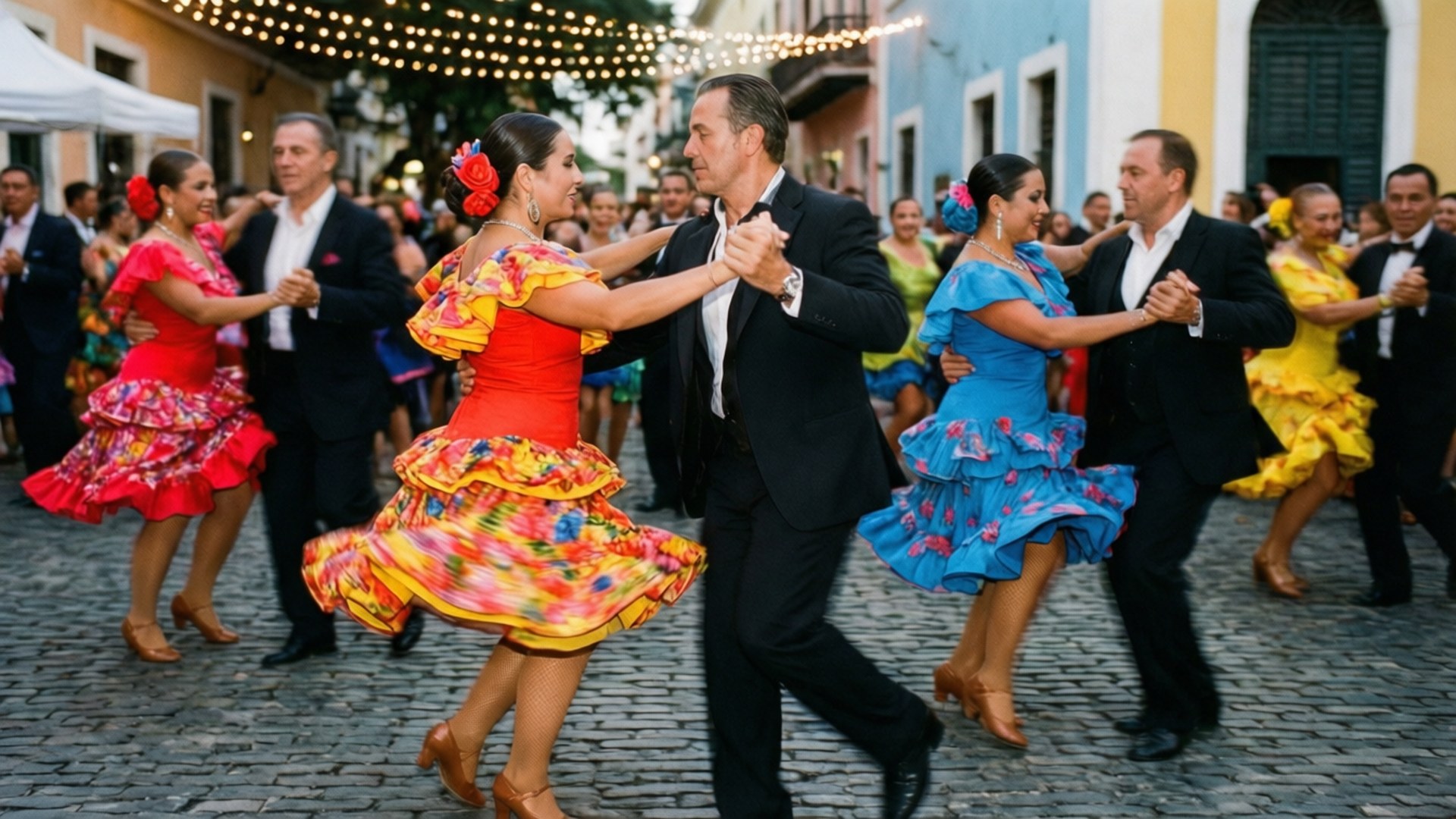 Salsa Dancing in Old San Juan 壁紙 — 充滿活力的情侶穿著色彩繽紛的荷葉邊連衣裙和黑色西裝，在燈串下的鵝卵石街道上熱情地跳著莎莎舞。