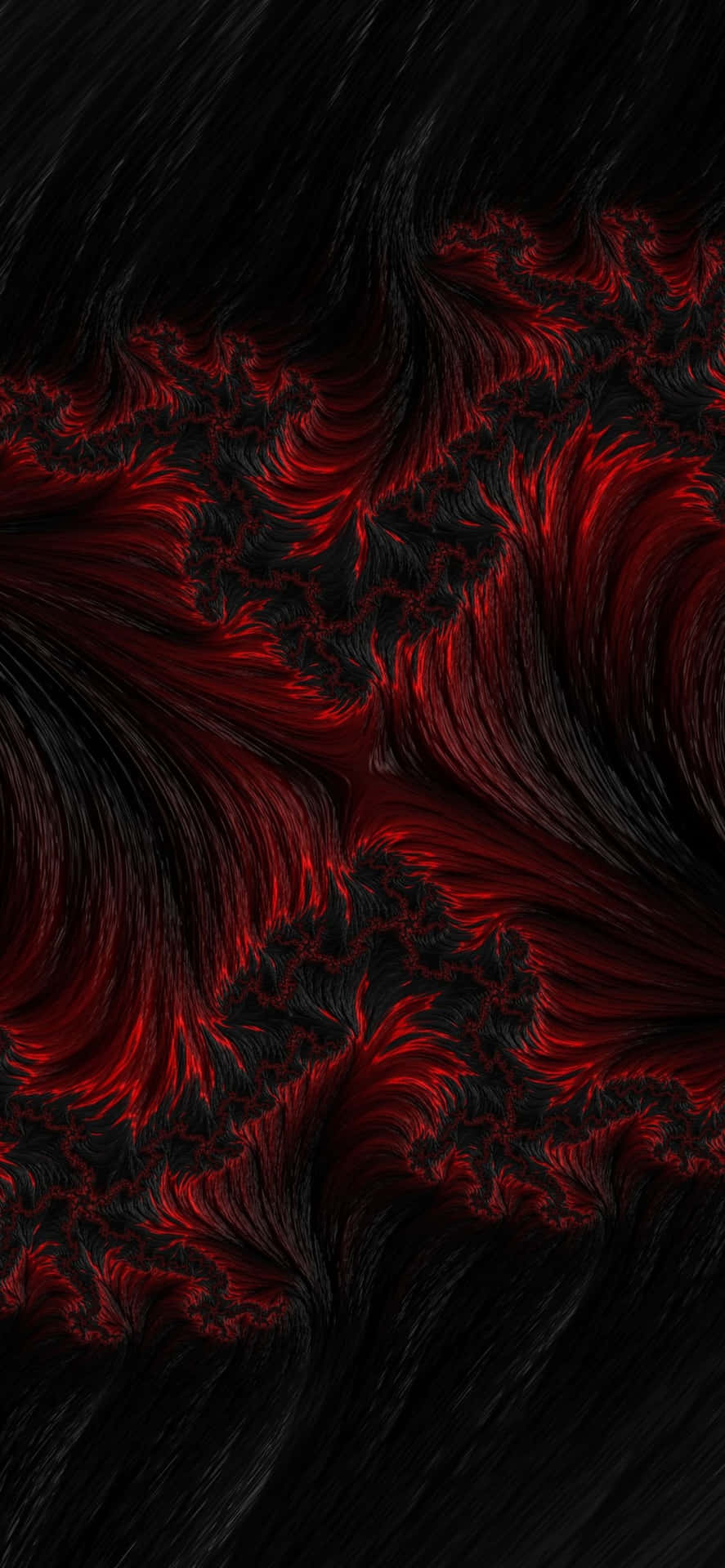 黑色背景上帶有旋轉紅色碎形圖案的抽象數位藝術作品。 — iPhone 13 Pro Max 壁紙