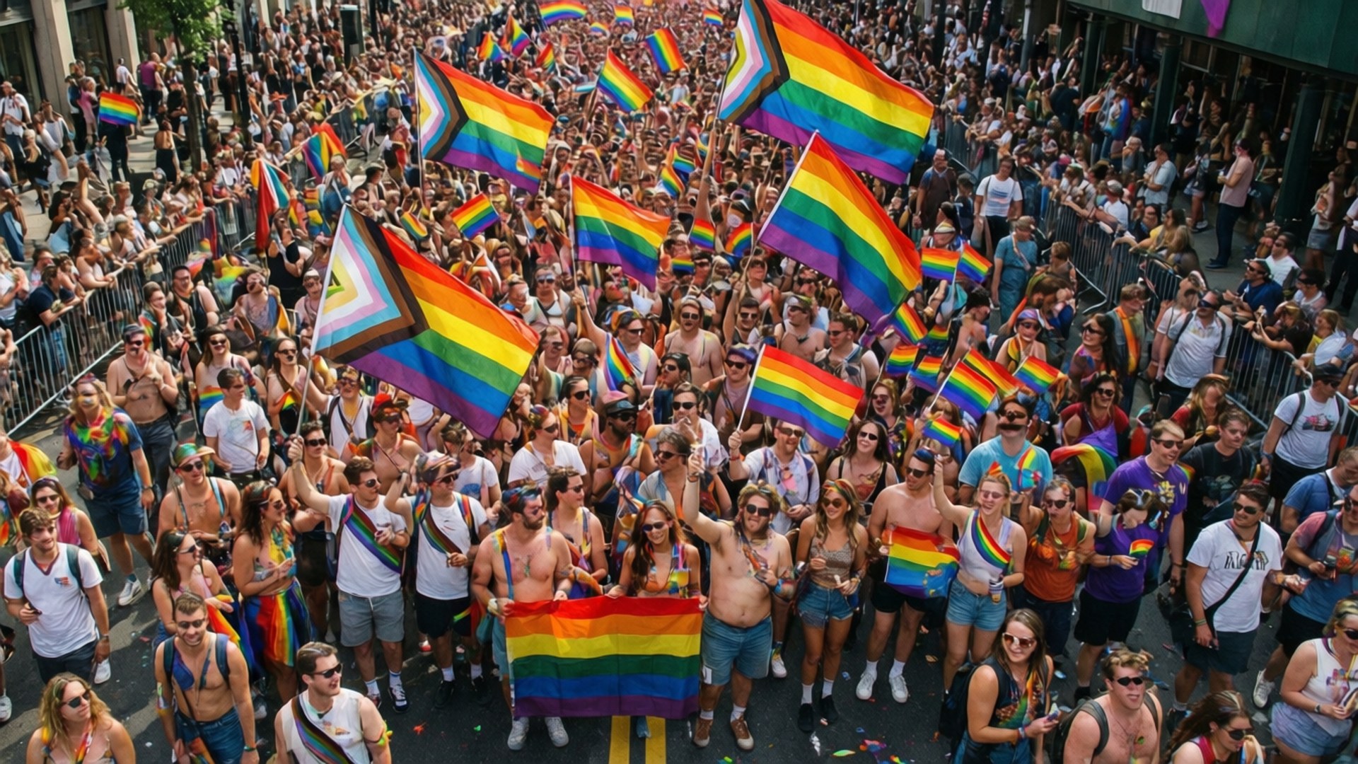 Pride Parade Crowd 壁紙 — 一群充滿活力的人群在燦爛陽光下沿著城市街道遊行，揮舞著彩虹旗，參加驕傲遊行。