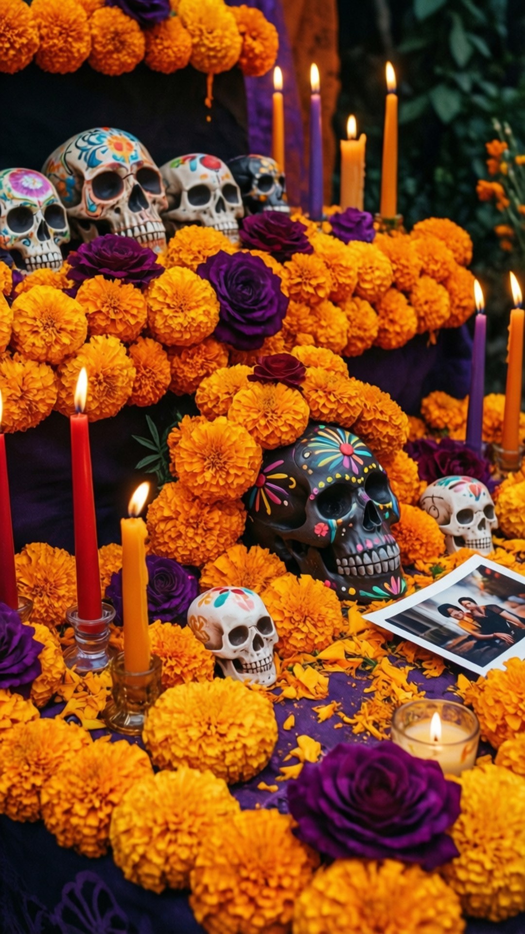 Dia de Muertos Altar 壁紙 — 一個充滿活力的亡靈節祭壇，裝飾著橙色萬壽菊、紫色玫瑰、彩繪頭骨和閃爍的蠟燭。