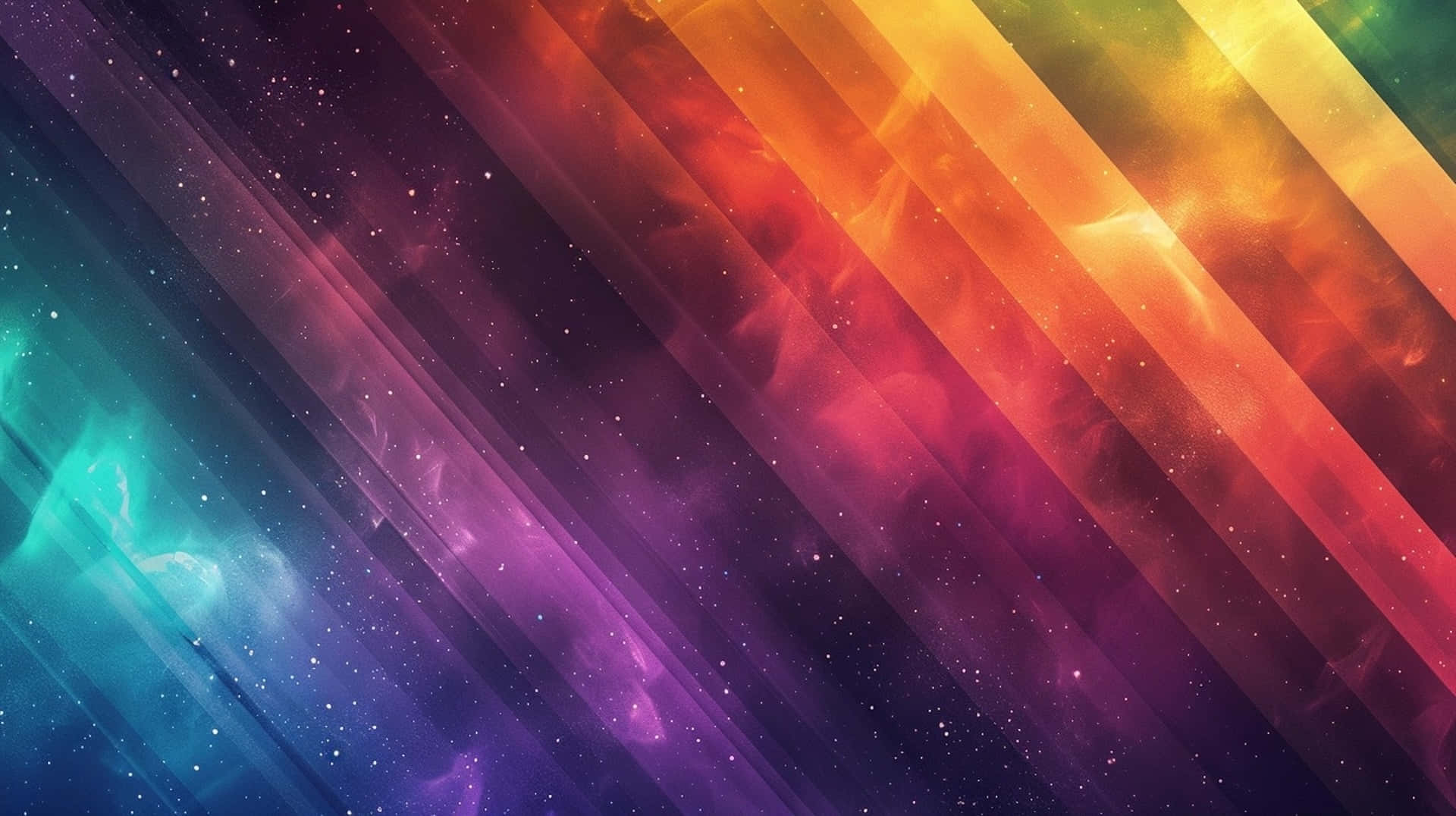  壁紙 — 充滿活力的對角彩虹條紋穿過一個星光燦爛的宇宙星雲，帶有發光的宇宙塵埃。