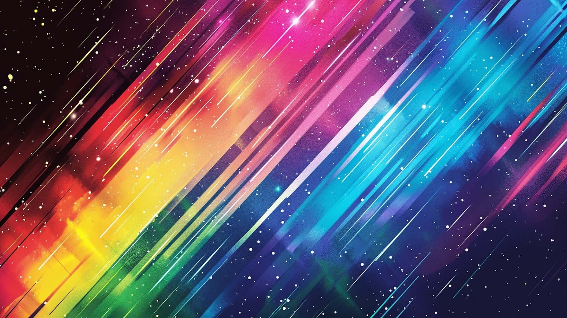  壁紙 — 充滿活力的彩虹色對角線條在星光宇宙虛空中爆發，形成動態數位藝術作品。
