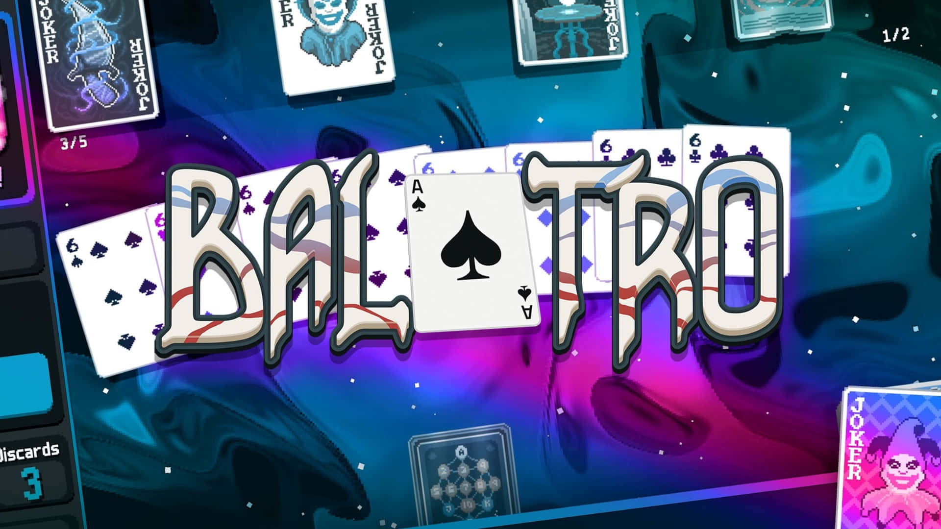  壁紙 — 充滿活力的數位藝術作品，以風格化字體呈現「BAL TRO」字樣，周圍環繞著撲克牌和小丑，背景為宇宙紫藍色漸變。