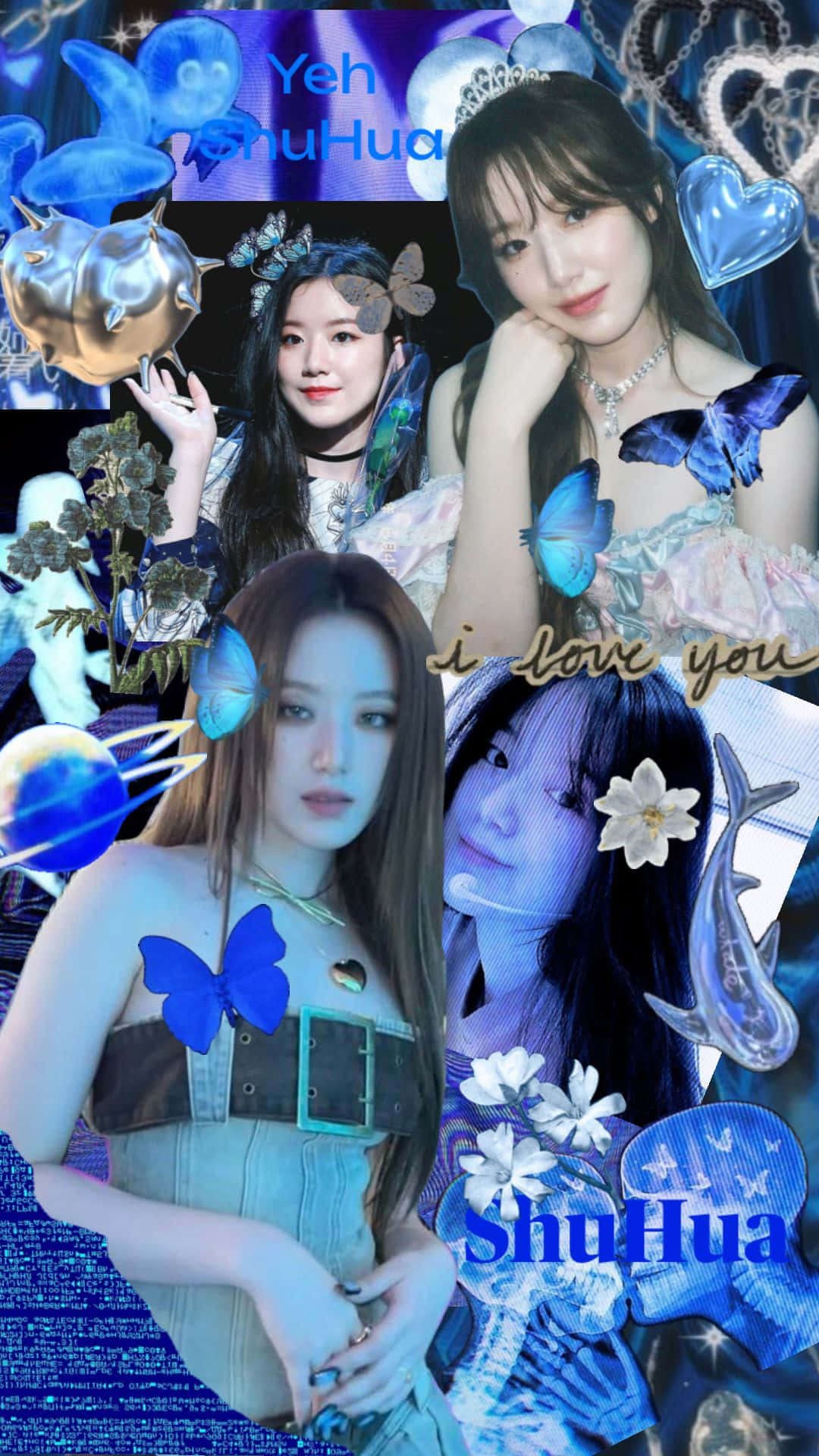  壁紙 — 一幅充滿活力的數位拼貼畫，描繪四位女性，點綴著藍色蝴蝶和宇宙元素，背景是閃閃發光的藍色。