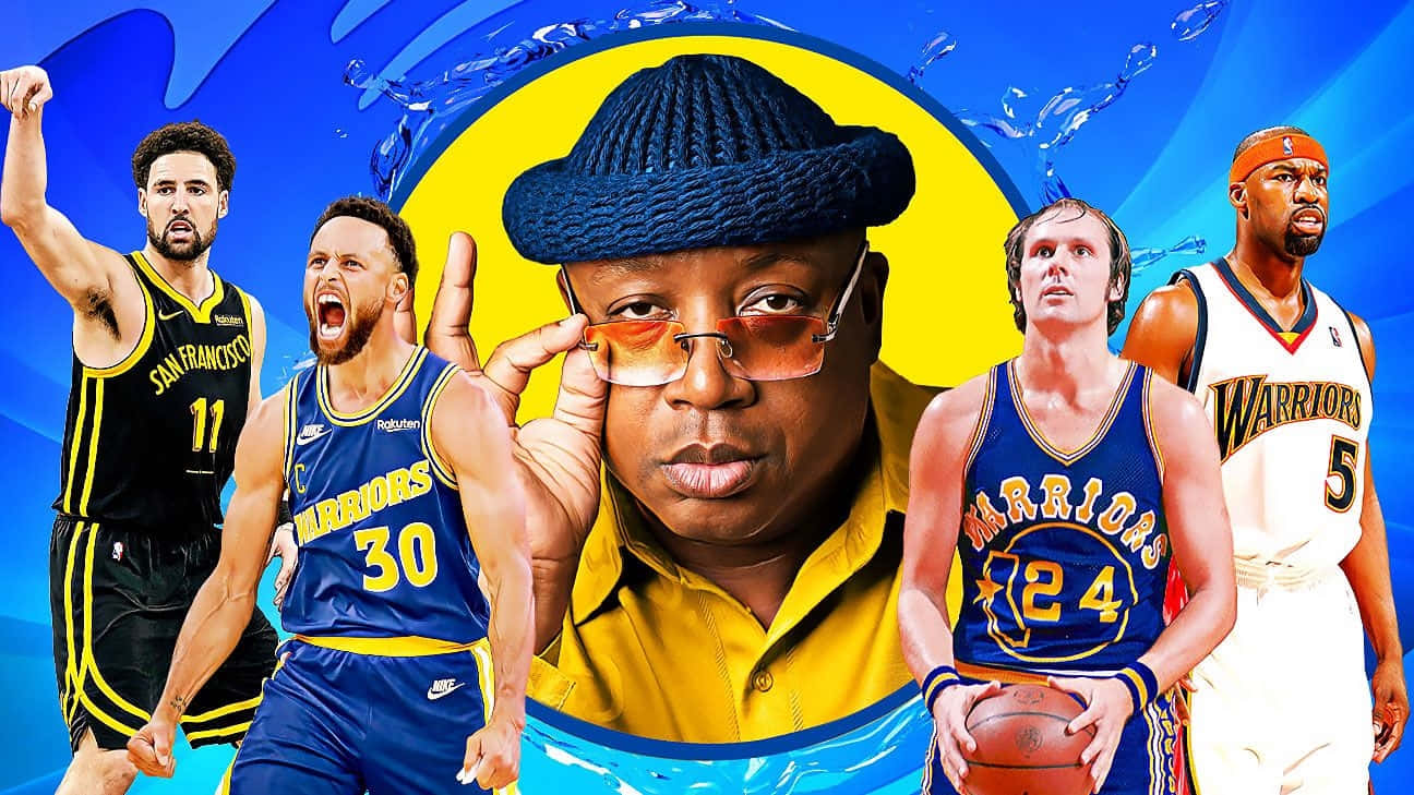  壁紙 — 一幅充滿活力的數位拼貼畫， featuring NBA 球員和一位戴著藍色針織帽的中心人物，背景為動態的藍色和黃色。