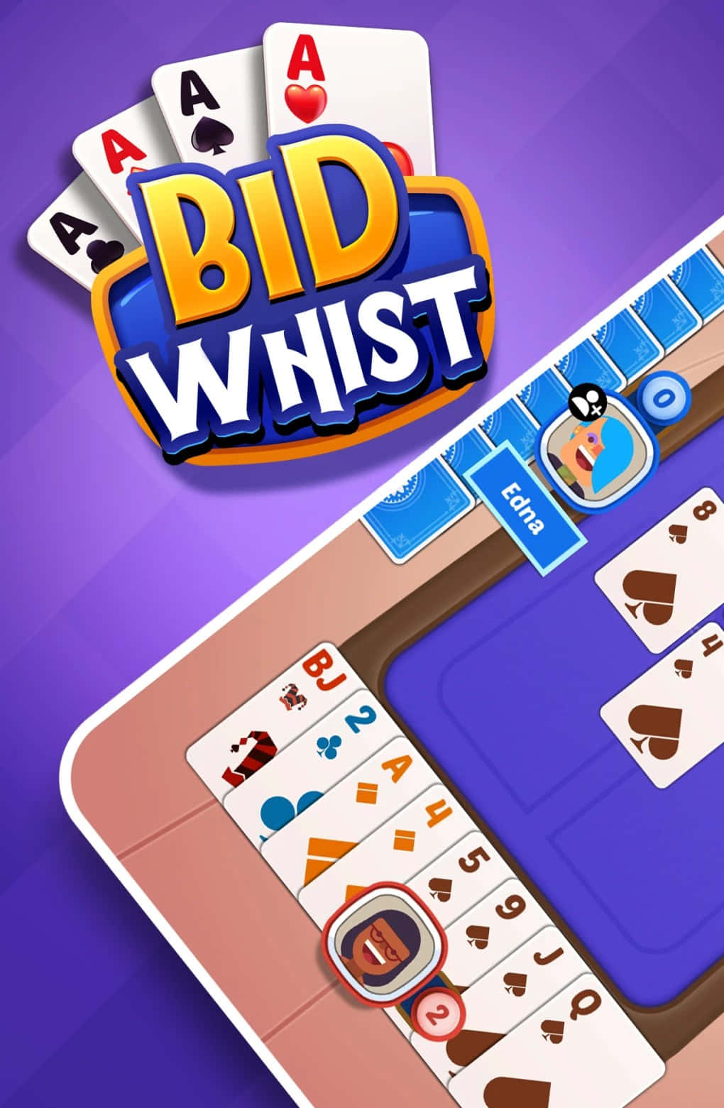 Whist 桌布 壁紙 — 充滿活力的Bid Whist數位遊戲介面，在紫色漸變背景上展示色彩繽紛的卡牌和玩家頭像。