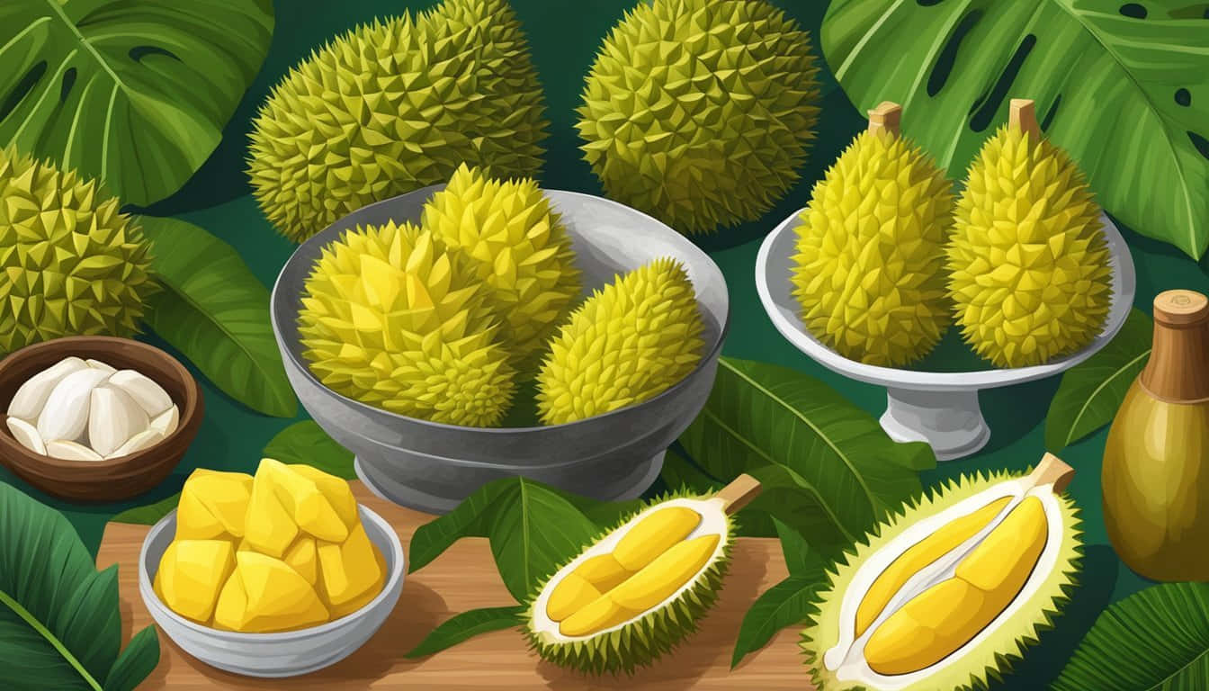  壁紙 — 一個充滿活力的數位插圖，展示整個、切片和切塊的榴槤果實，放在木桌上，配以熱帶葉子。