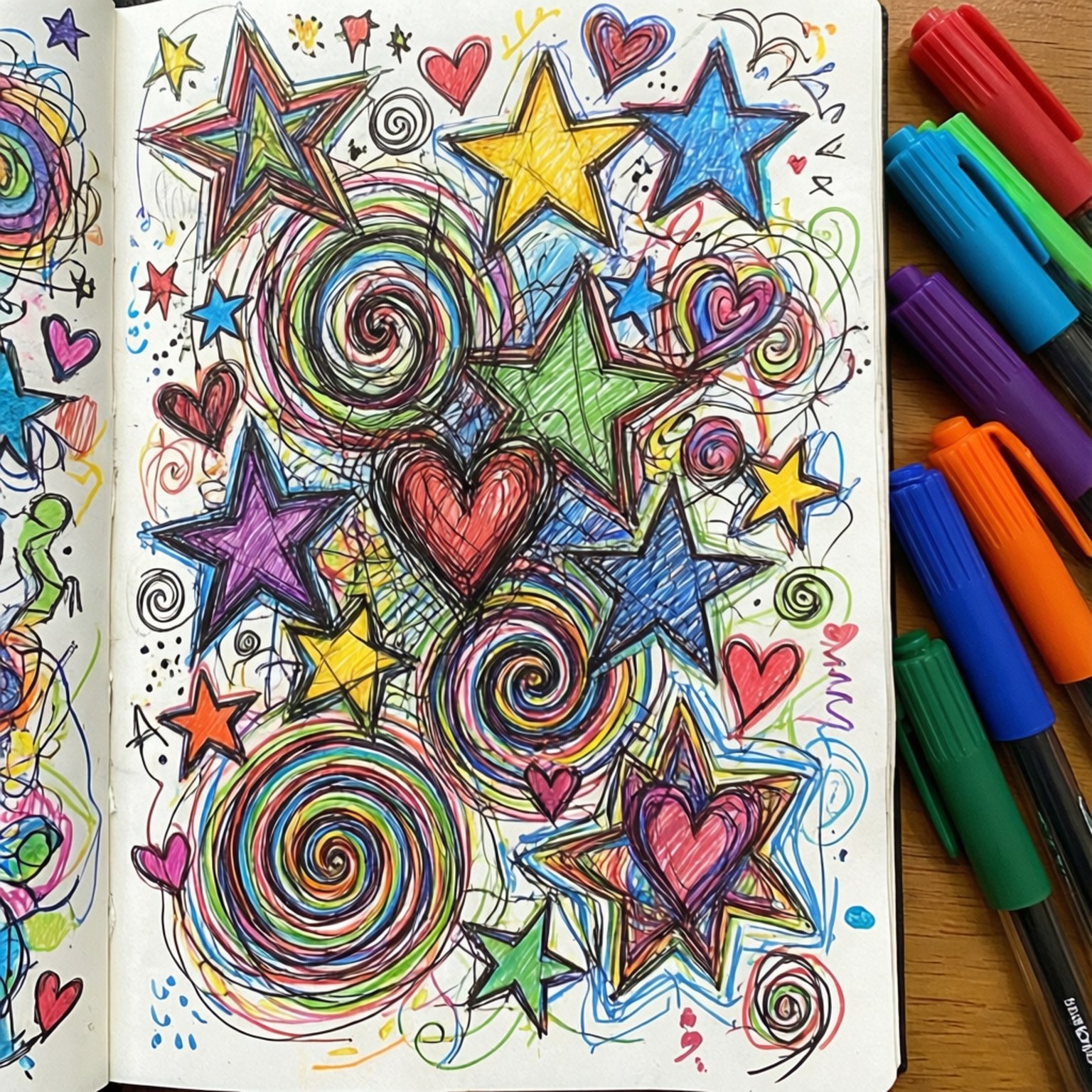 Colorful Doodle Page 壁紙 — 充滿塗鴉的素描簿頁面，色彩繽紛的星星、心形和螺旋圖案爆滿，周圍放滿記號筆。