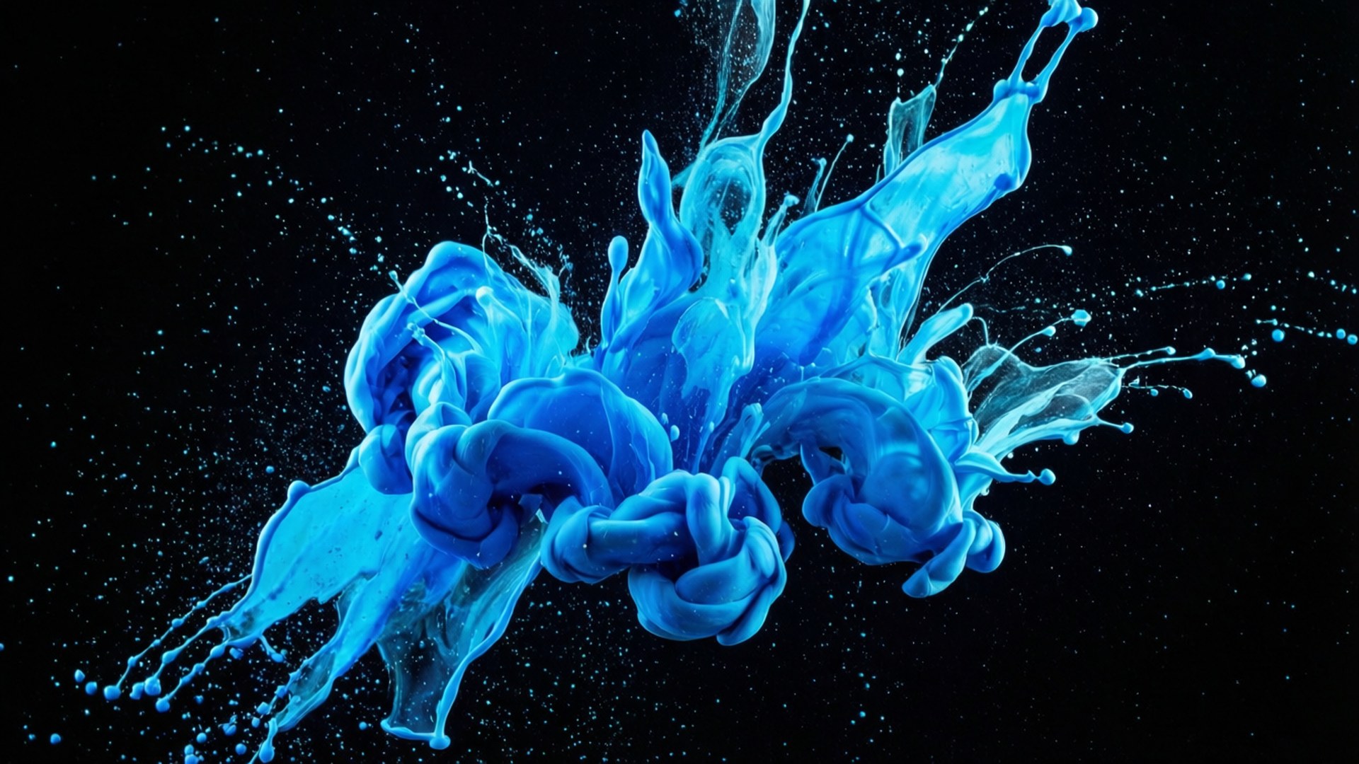 Neon Splash 壁紙 — 充滿活力的電光藍色液體在純黑色背景上動態爆炸，帶有散落的液滴。