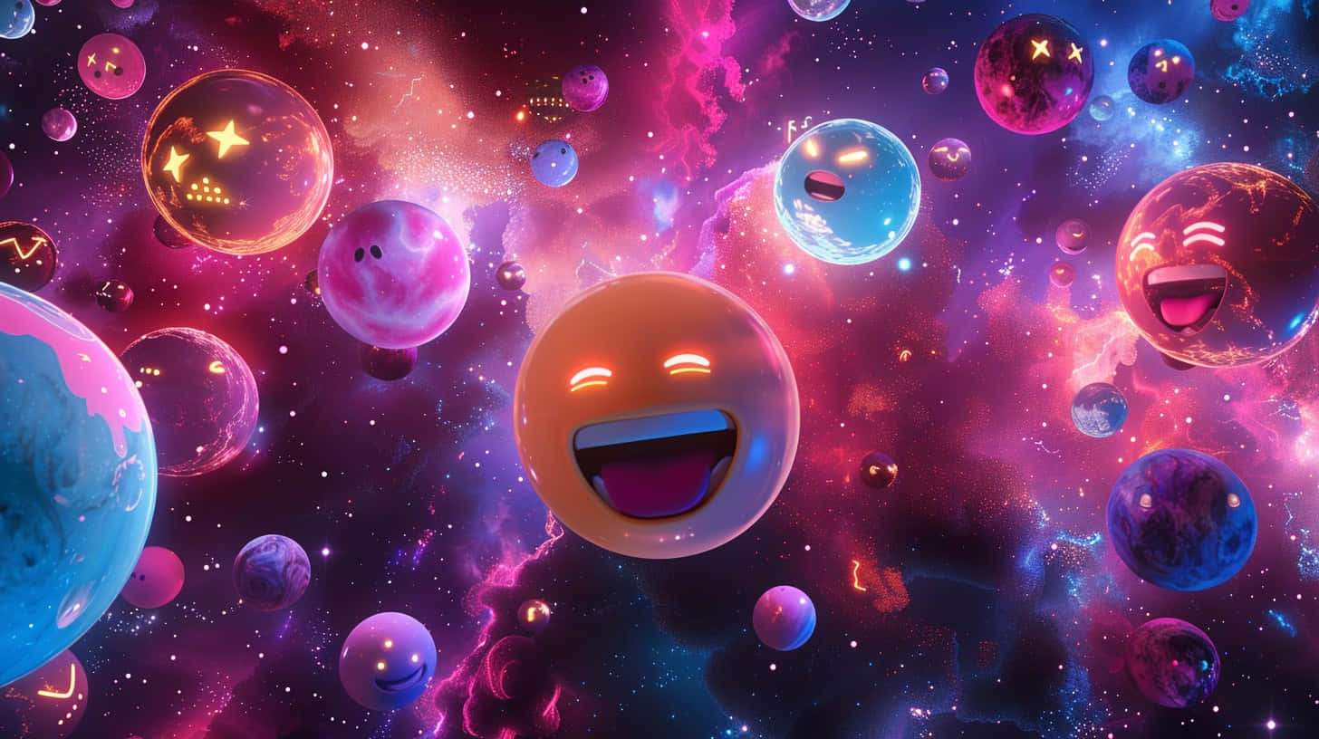  壁紙 — 充滿活力的表情符號行星在粉紅色、紫色和藍色色調的宇宙星雲中快樂地漂浮。