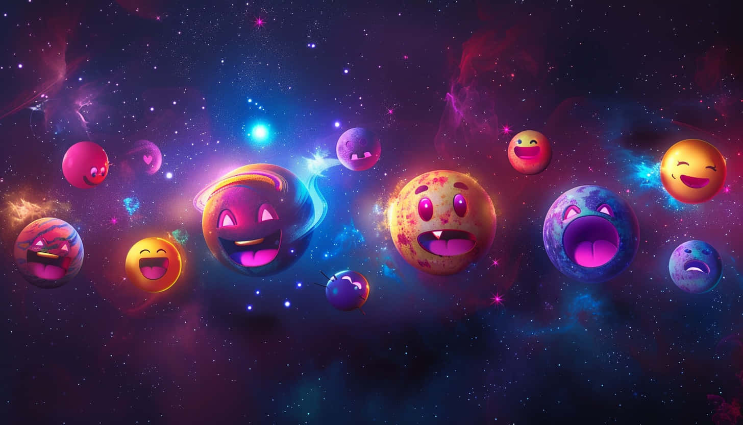  壁紙 — 充滿表情的鮮豔表情符號行星，在充滿星星的彩色宇宙星雲中快樂地漂浮。