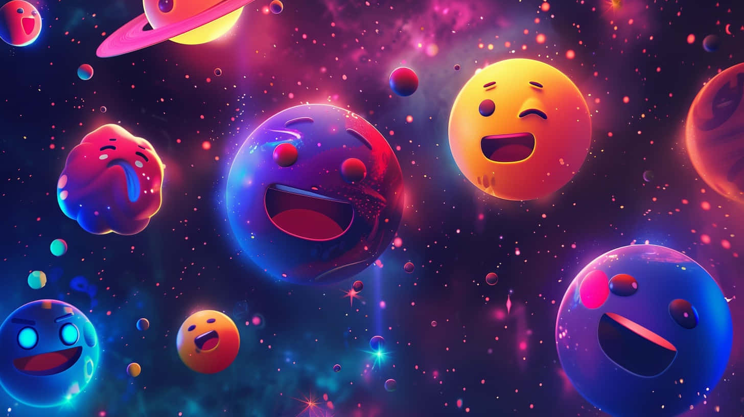 壁紙 — 充滿表情的鮮豔表情符號行星，在佈滿星星和彩色氣體雲的閃爍宇宙星雲中快樂地漂浮。