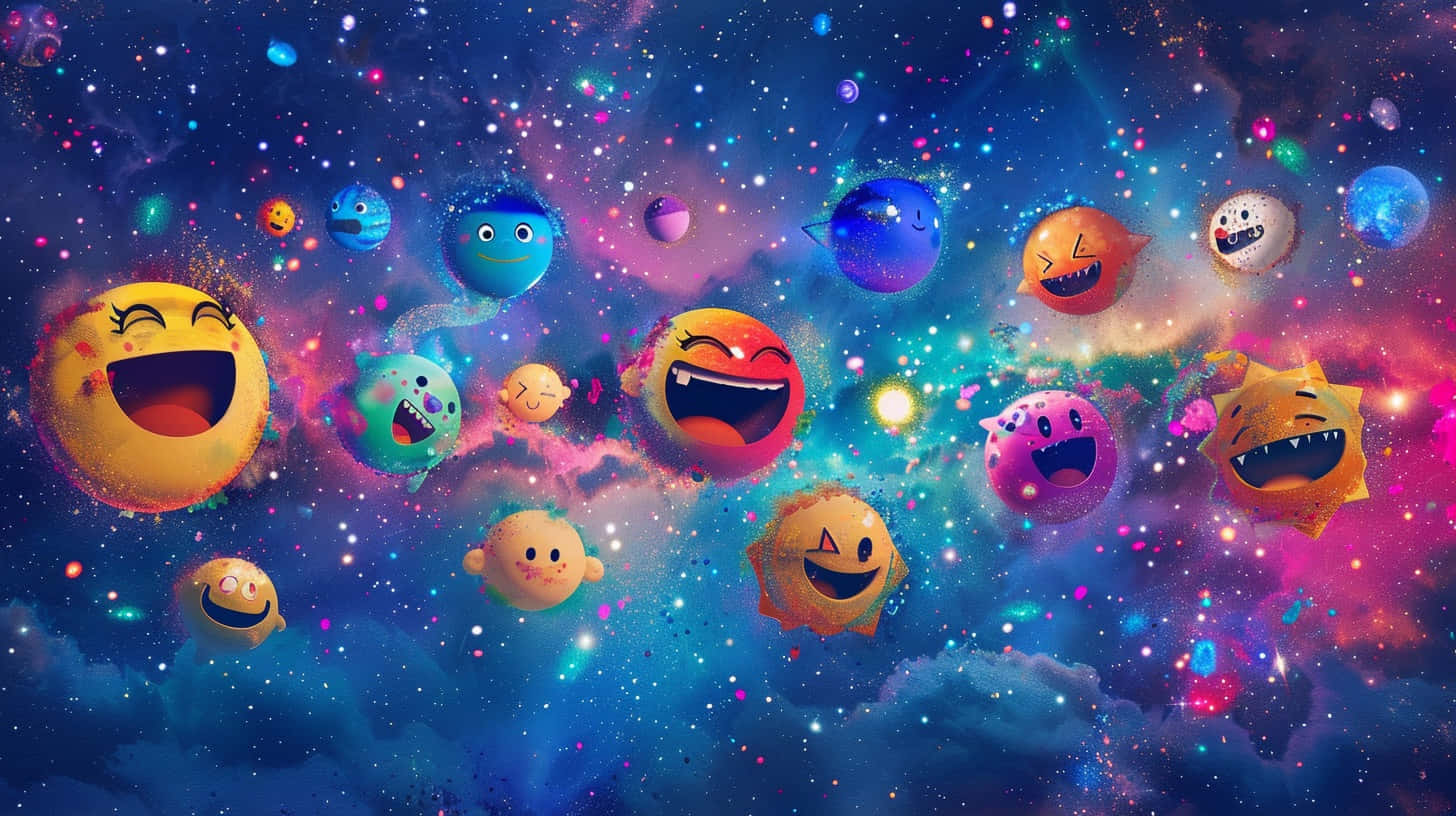  壁紙 — 充滿活力的表情符號行星帶著喜悅的表情漂浮在由發光星星和彩色氣體雲組成的宇宙星雲中。