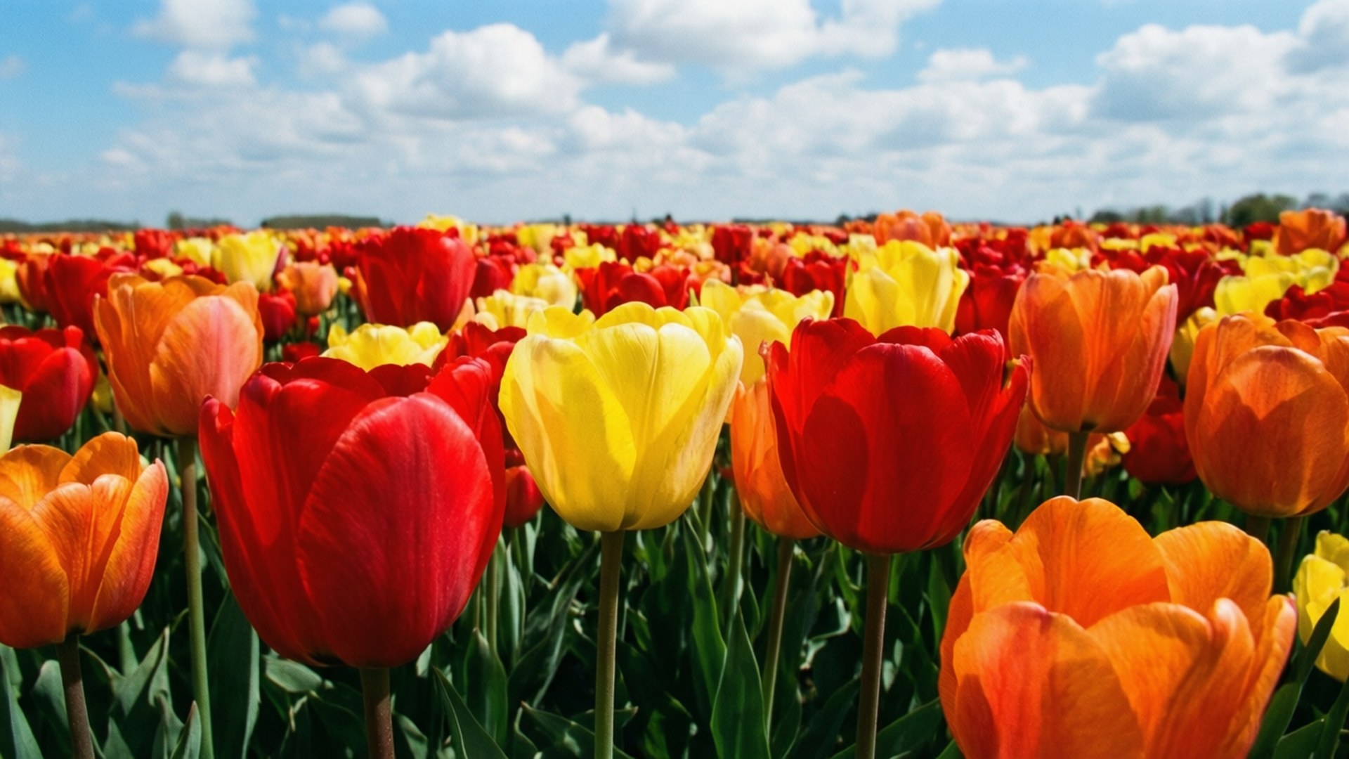 Tulip Field Joy 壁紙 — 充滿活力的紅、黃、橙色鬱金香田，在明亮的藍天和蓬鬆的白雲下搖曳。