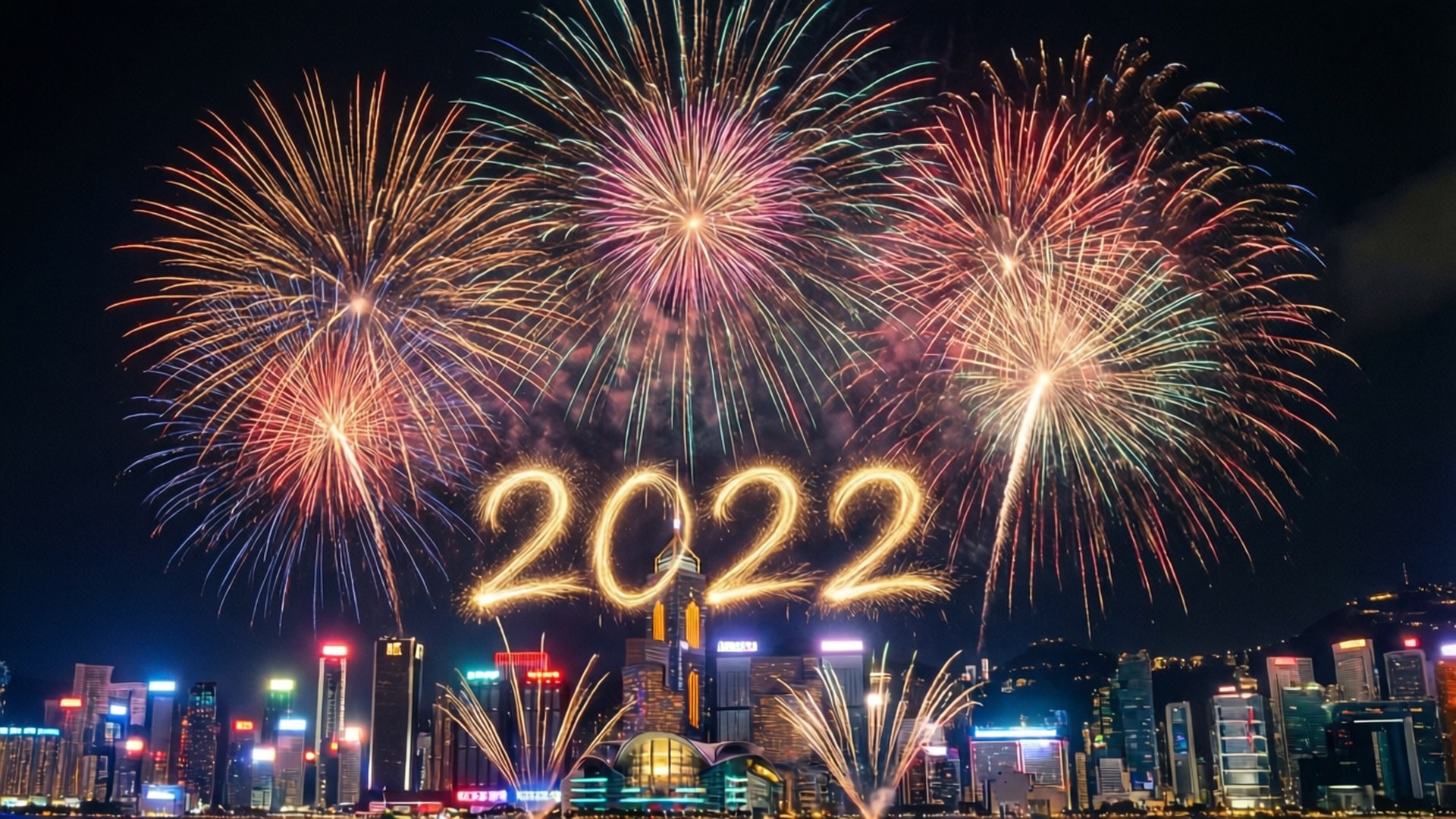 Fireworks Over City 2022 壁紙 — 色彩繽紛的煙火在發光的城市天際線上爆炸，'2022' 以金色火花照亮。