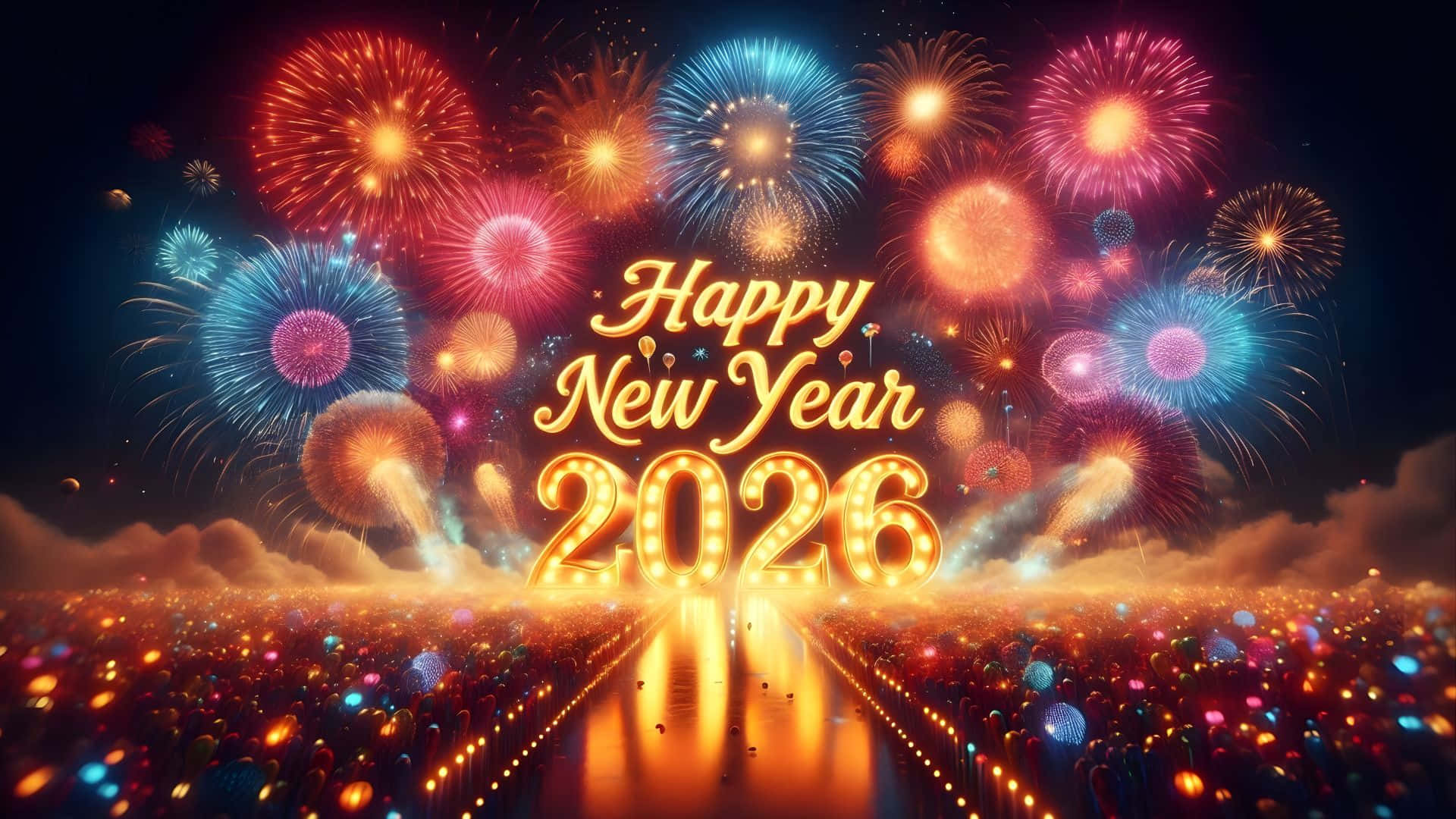  壁紙 — 充滿活力的煙火在發光的「Happy New Year 2026」標誌上方爆炸，下方是充滿燈光的反射路徑。
