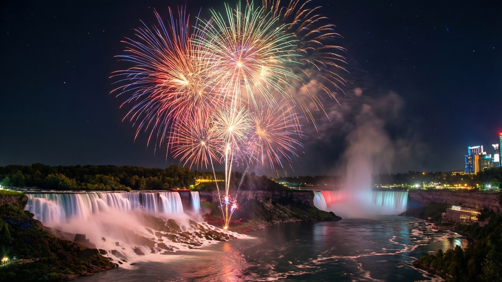 Fireworks Spectacular 壁紙 — 璀璨的煙火在星光燦爛的夜空下，在燈光璀璨的尼亞加拉瀑布上空綻放。