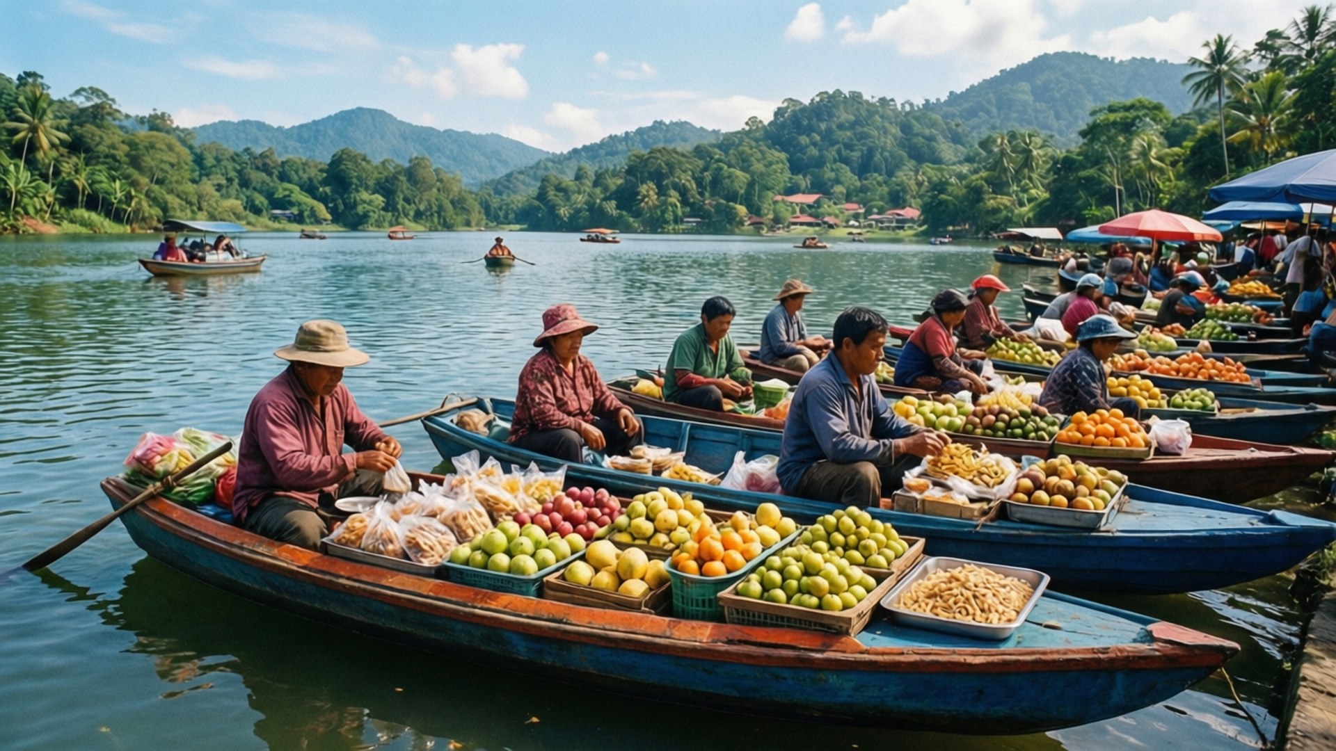 Lembang Floating Market 壁紙 — 色彩繽紛的漂浮水果市場船隻滿載著五顏六色的農產品，在平靜的湖面上滑行，周圍是鬱鬱蔥蔥的綠色山丘，頭頂是明亮的藍天。