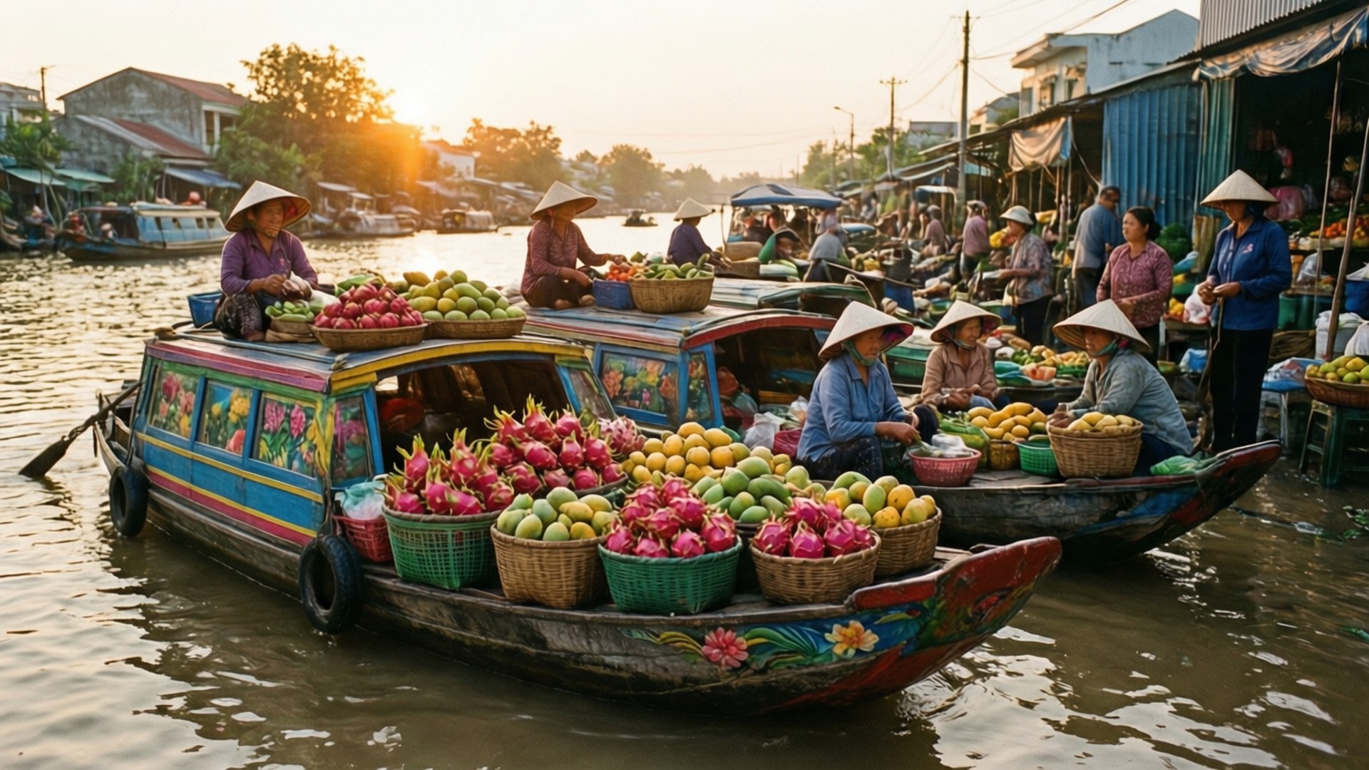 Mekong Floating Market 壁紙 — 充滿活力的水上市場船隻載滿色彩繽紛的火龍果、芒果和木瓜，戴著圓錐形帽子的攤販在金色夕陽下進行交易。
