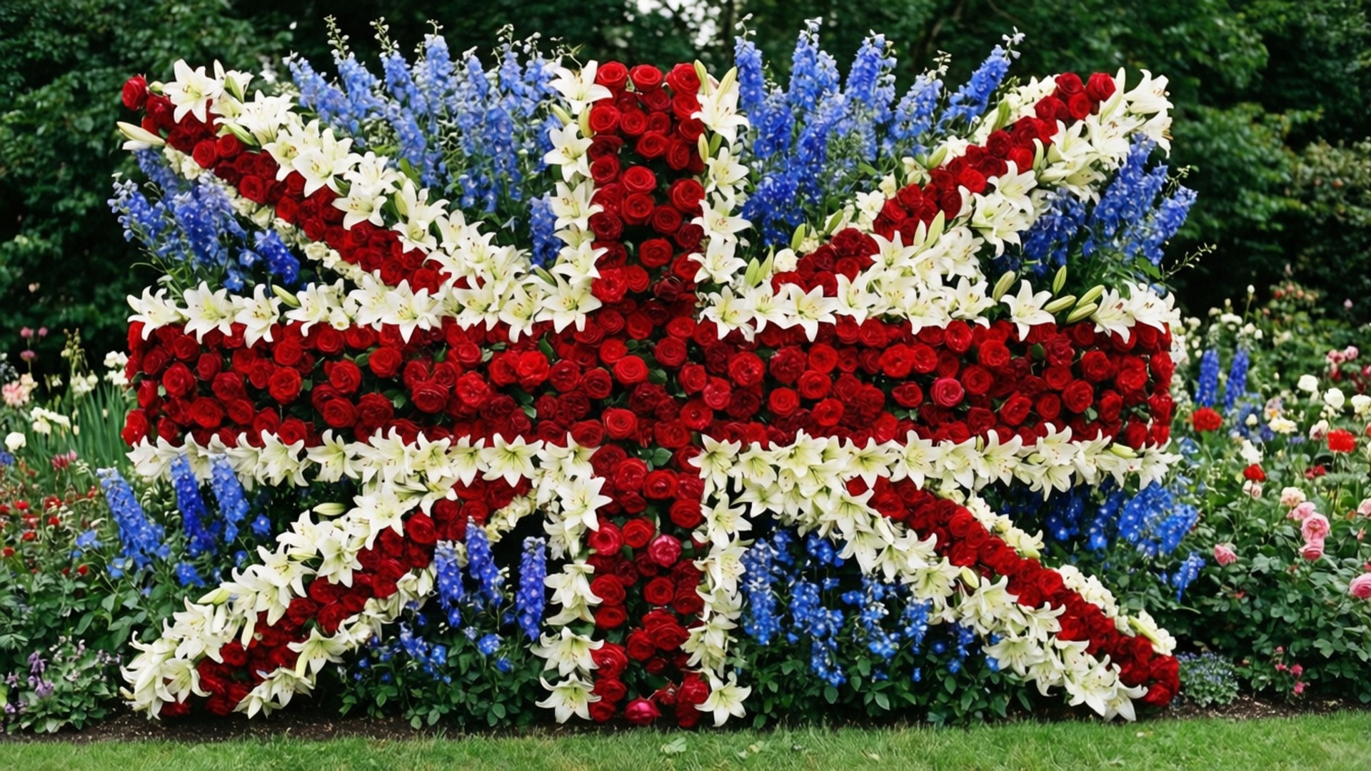 Floral Union Jack Garden 壁紙 — 一個充滿活力的花卉佈置，形狀為英國國旗，使用紅玫瑰、白百合和藍色飛燕草，在茂盛的花園中。
