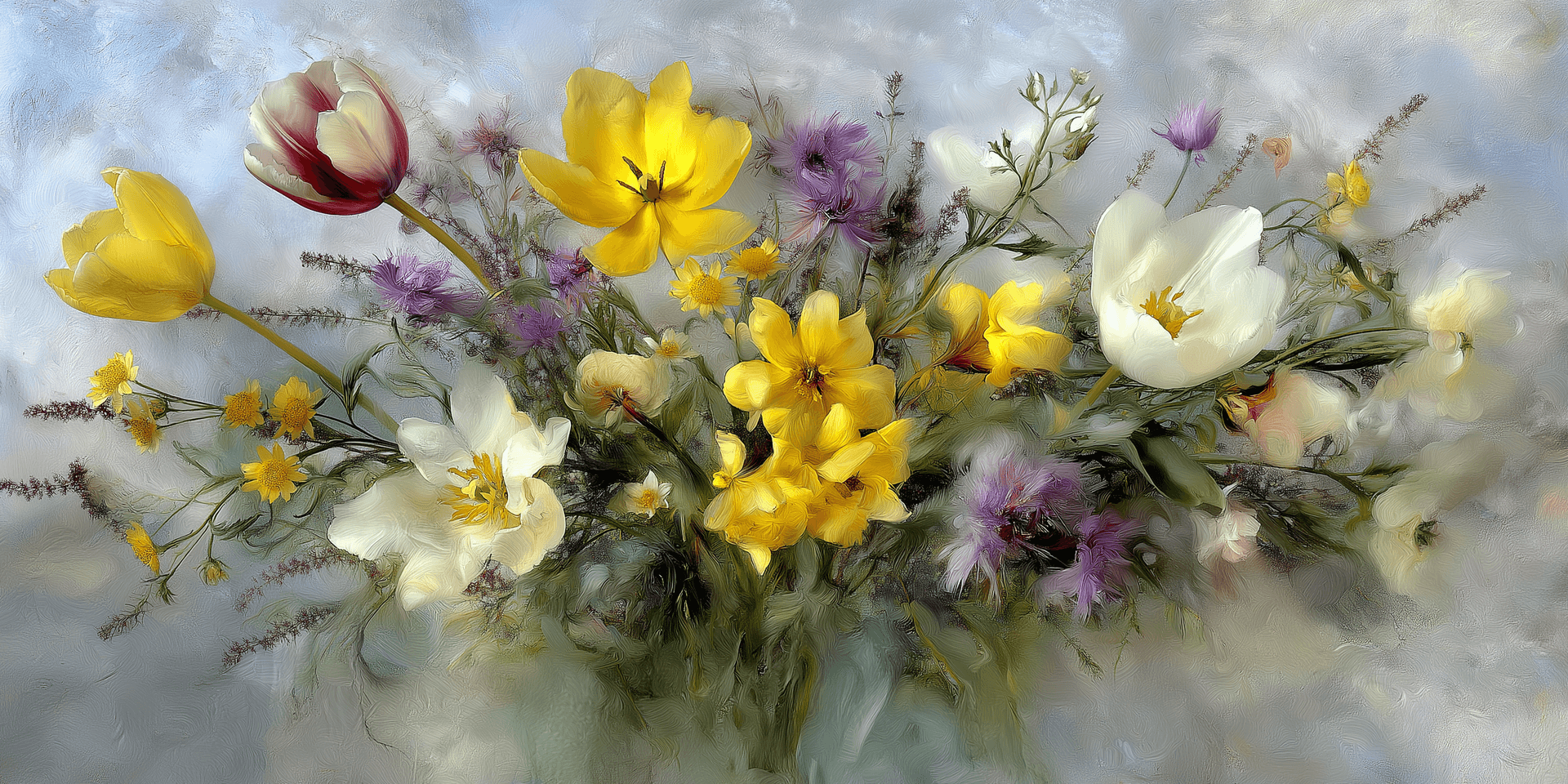 柔軟紋理背景上，黃色、白色和紫色花朵的彩色花束 — Pastel 壁紙