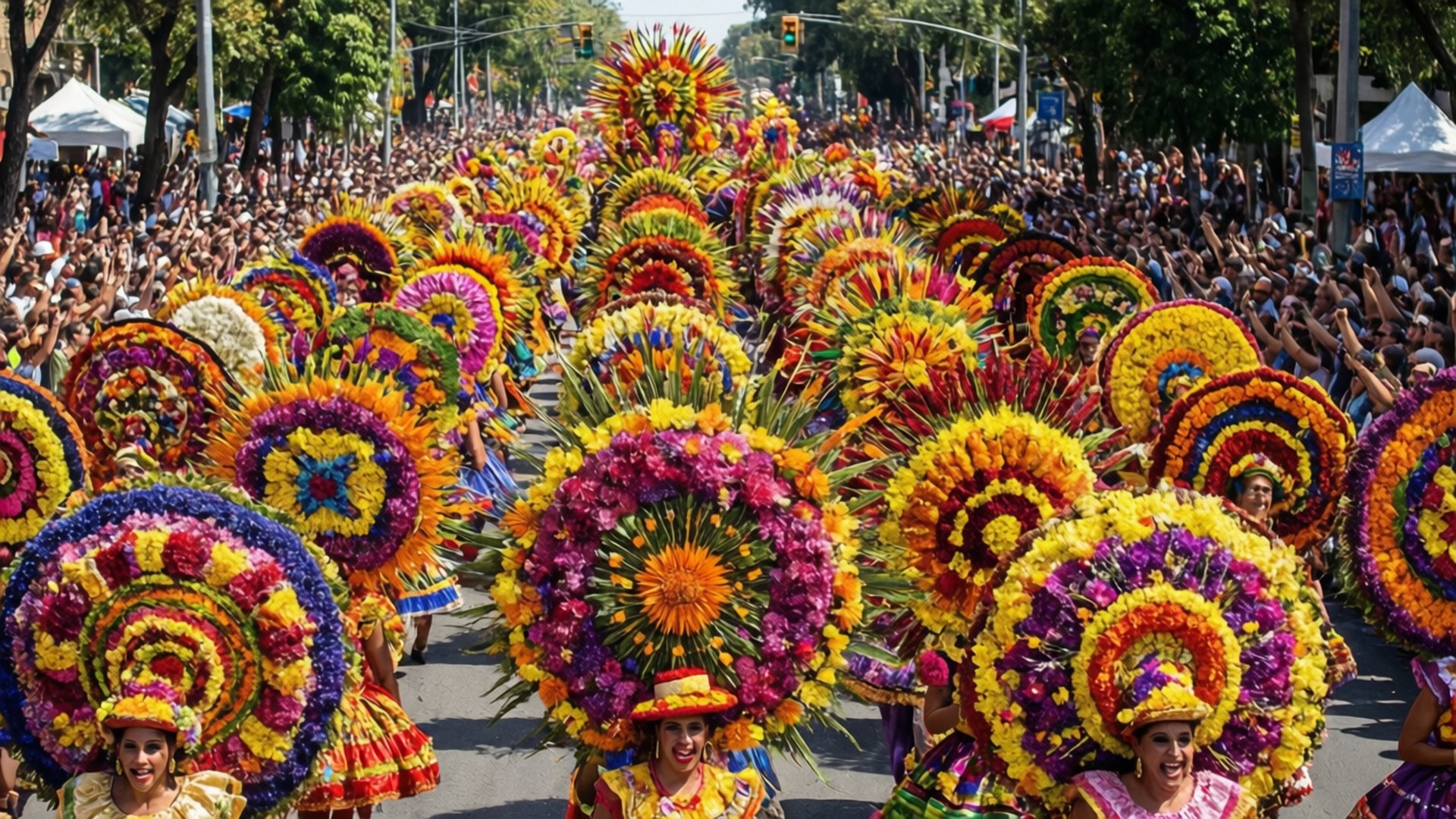 Feria de las Flores 壁紙 — 色彩繽紛的花卉頭飾以螺旋彩虹圖案裝飾著舞者，他們在陽光明媚的街道上行進，兩旁是歡呼的人群。