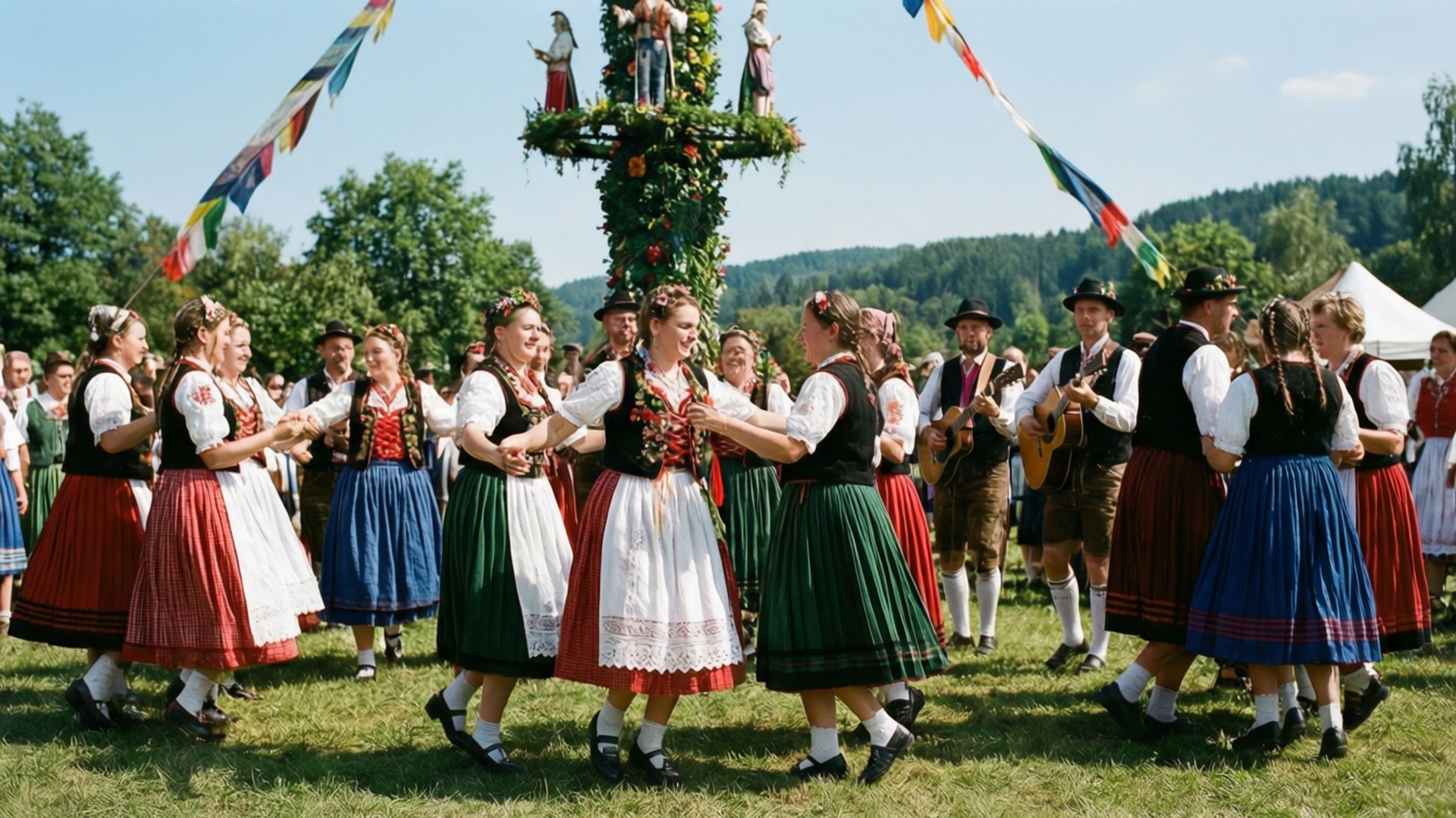 Czech Folk Festival 壁紙 — 一群穿著傳統服飾的人圍繞著裝飾過的五月柱，在晴朗的藍天下跳著充滿活力的民間舞蹈。