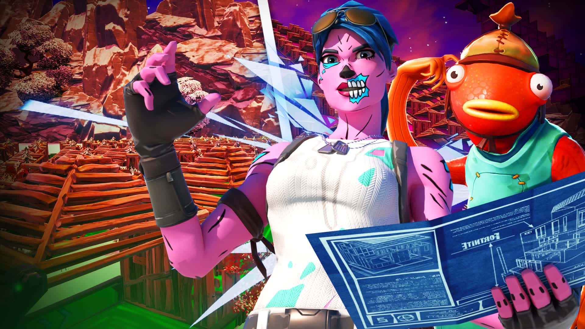  壁紙 — 一個充滿活力的Fortnite角色，擁有粉紅色皮膚和骷髏化妝，在色彩繽紛的沙漠背景下，旁邊有一個魚頭同伴，手持藍圖。