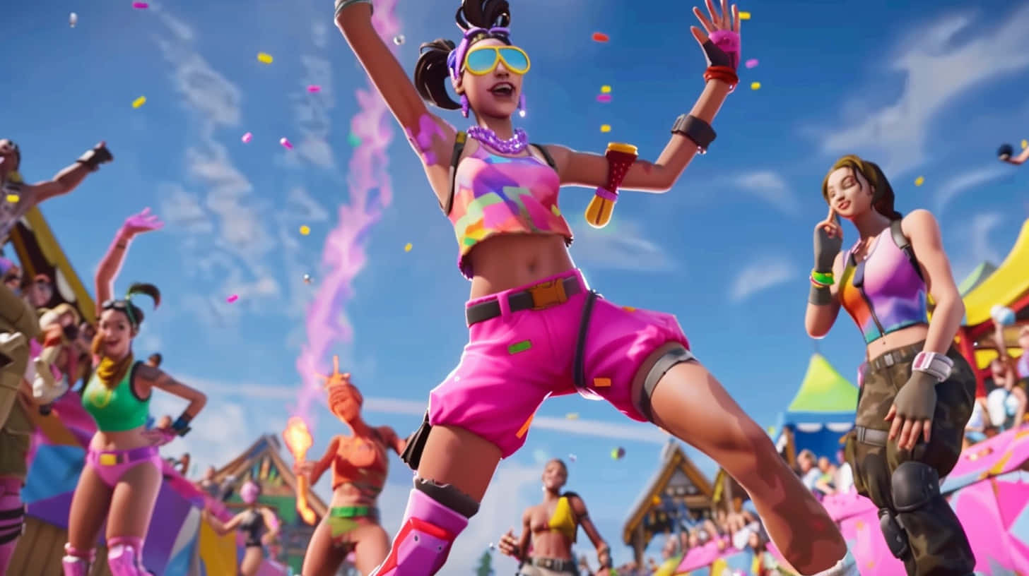  壁紙 — 充滿活力的 Fortnite 角色在晴朗的藍天下快樂地跳舞，五彩紙屑在他們周圍如雨般落下。
