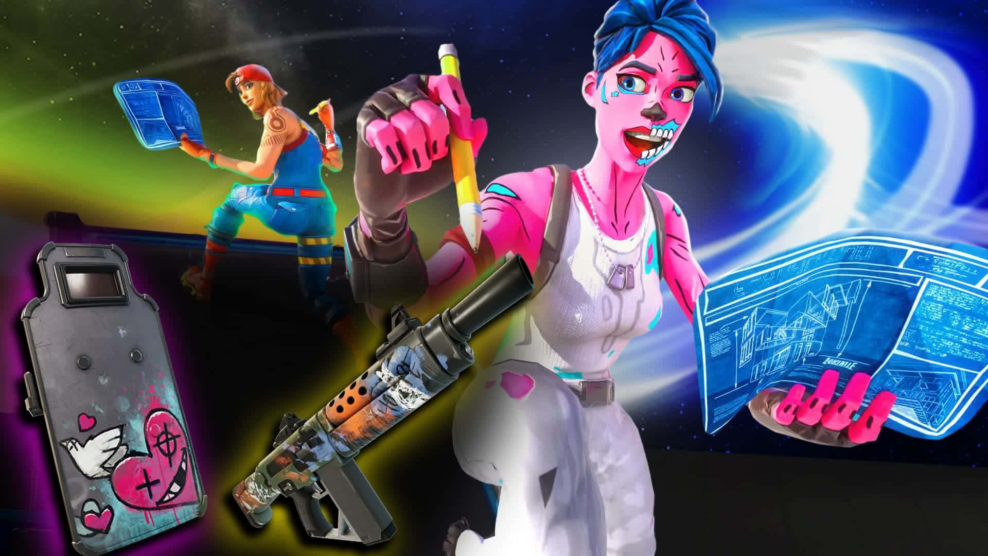  壁紙 — 充滿活力的Fortnite角色在霓虹燈空間中，配備發光武器和全息藍圖。