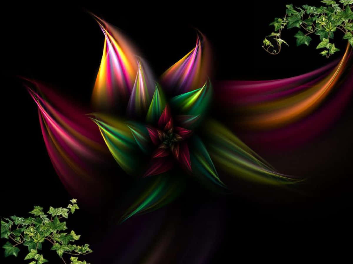 Abstract Rose 桌布 壁紙 — 充滿活力的分形花朵，帶有彩虹色調和常春藤藤蔓，襯托黑色背景。