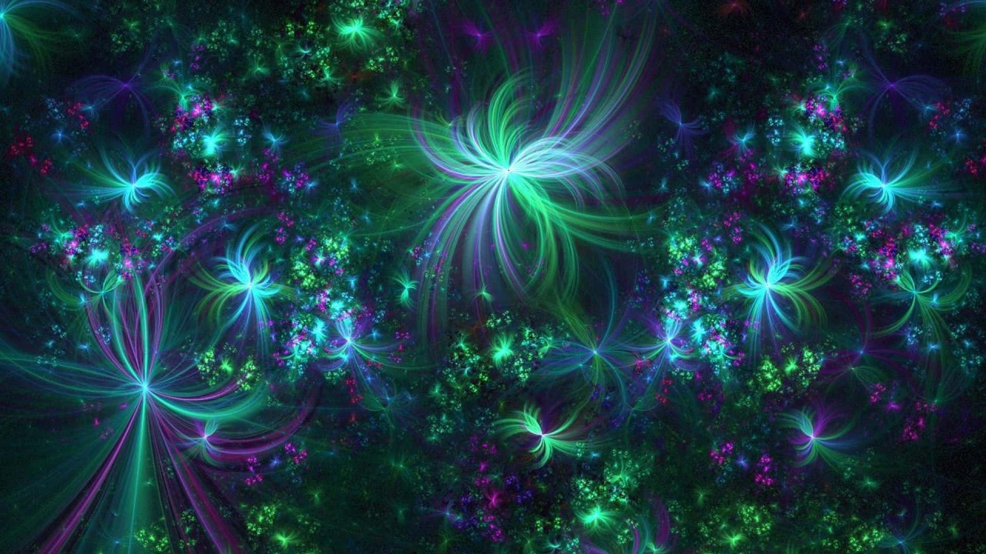  壁紙 — 鮮豔的分形圖案在黑暗的宇宙背景下綻放出霓虹綠和紫色的光芒。