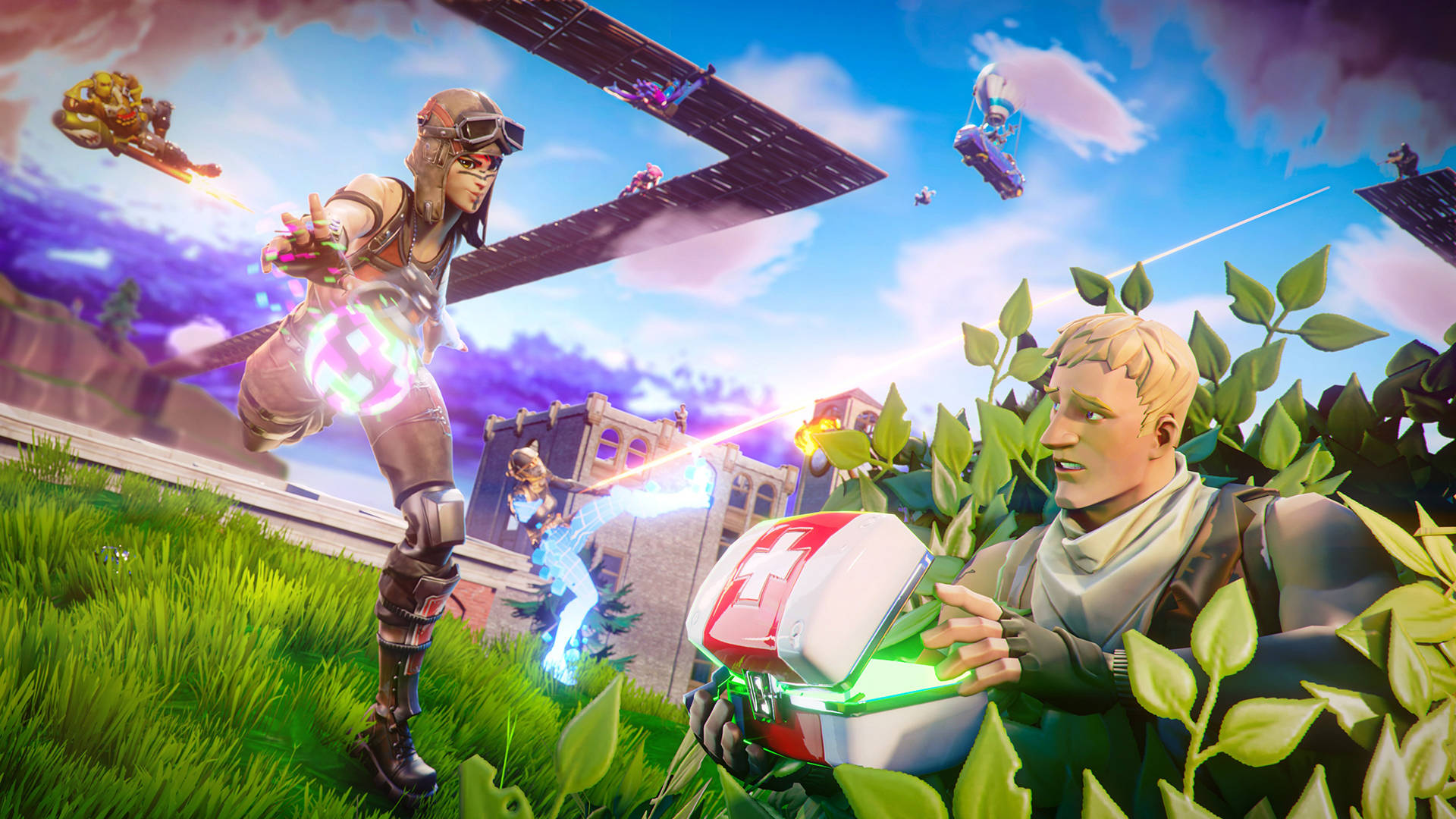 遊戲角色在浮空島嶼上行動，帶有發光效果。 — Fortnite 壁紙