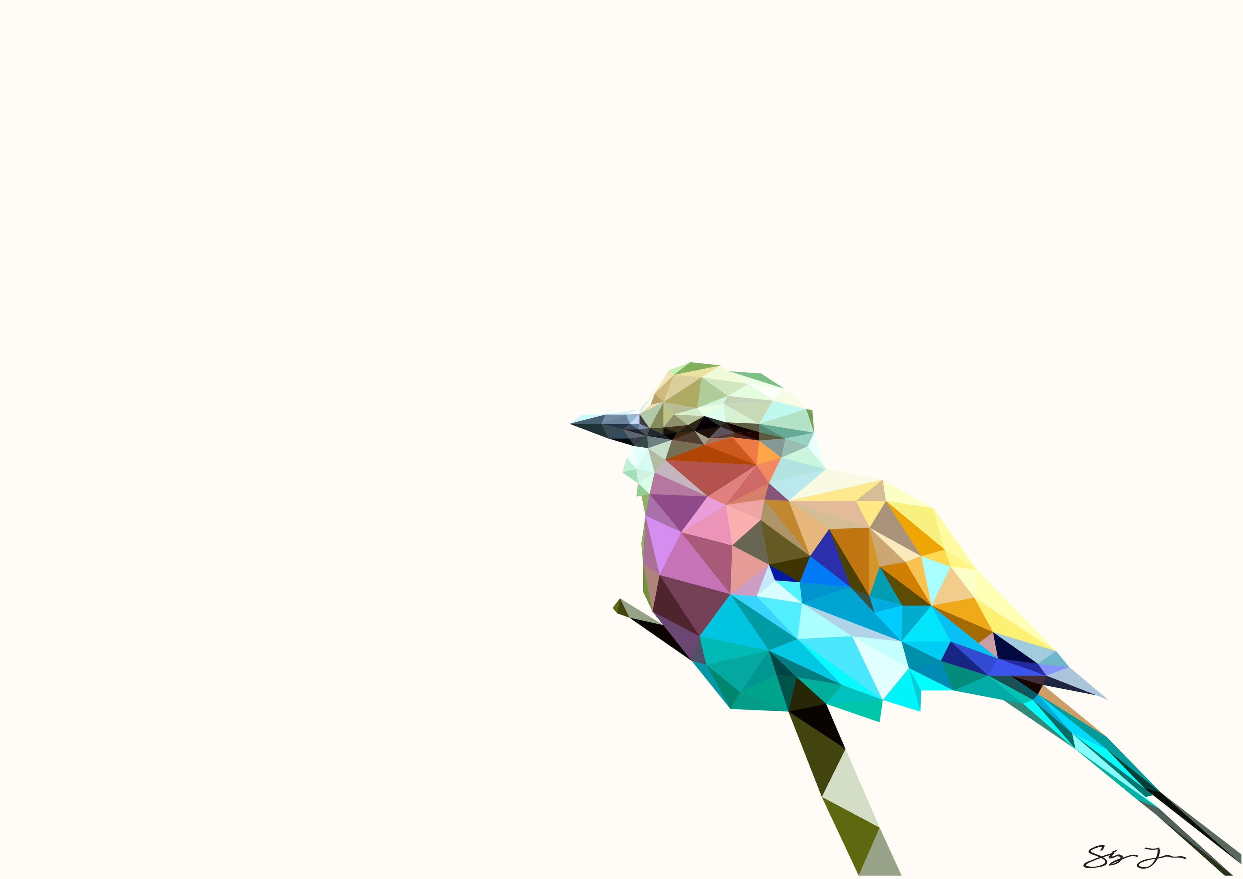 4K Bird 桌布 壁紙 — 一隻充滿活力的幾何鳥，帶有多色三角形切面，棲息在樹枝上，背景是純淨的米白色。
