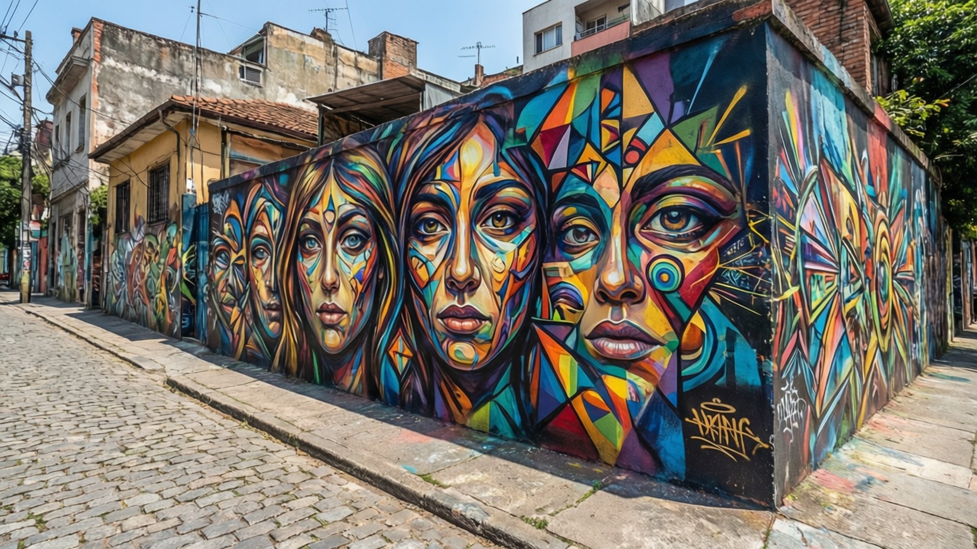 Vila Madalena Murals 壁紙 — 一幅充滿活力的幾何壁畫，描繪了四個風格化的面孔，以鮮豔的色彩點綴在鵝卵石街道旁的長長城市牆上。