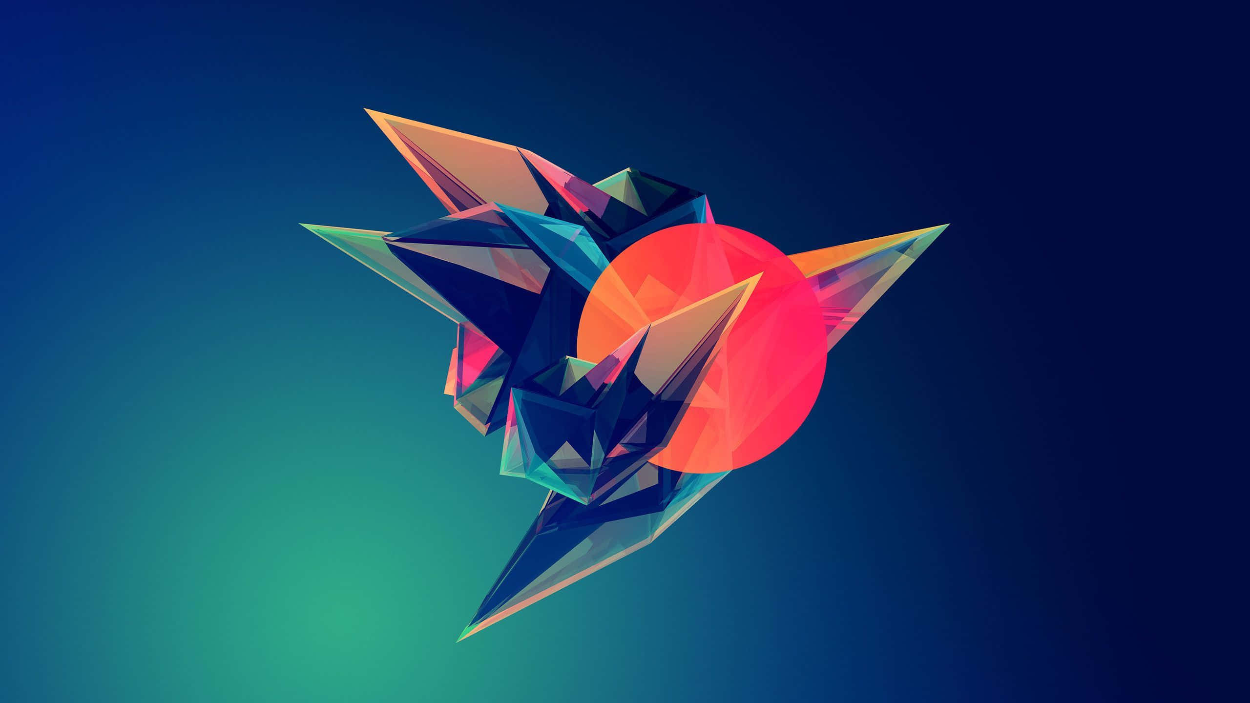 Minimalist Geometric 桌布 壁紙 — 一隻色彩鮮豔的幾何摺紙鶴，帶有多色切面，漂浮在漸變藍色和藍綠色背景上。