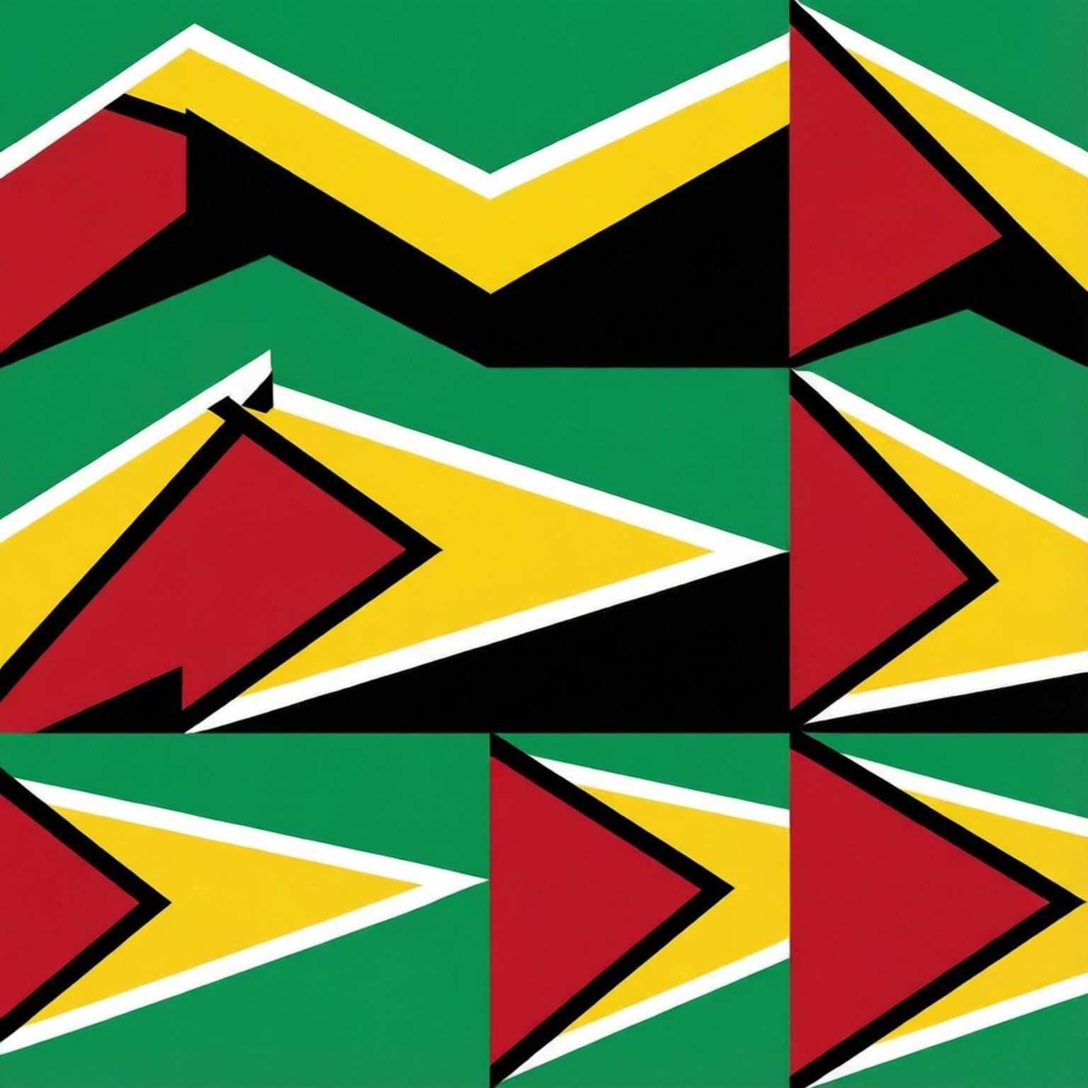 Guyana 桌布 壁紙 — 重複蓋亞那國旗圖案的鮮明幾何圖案，採用大膽的綠色、黃色、紅色、黑色和白色。