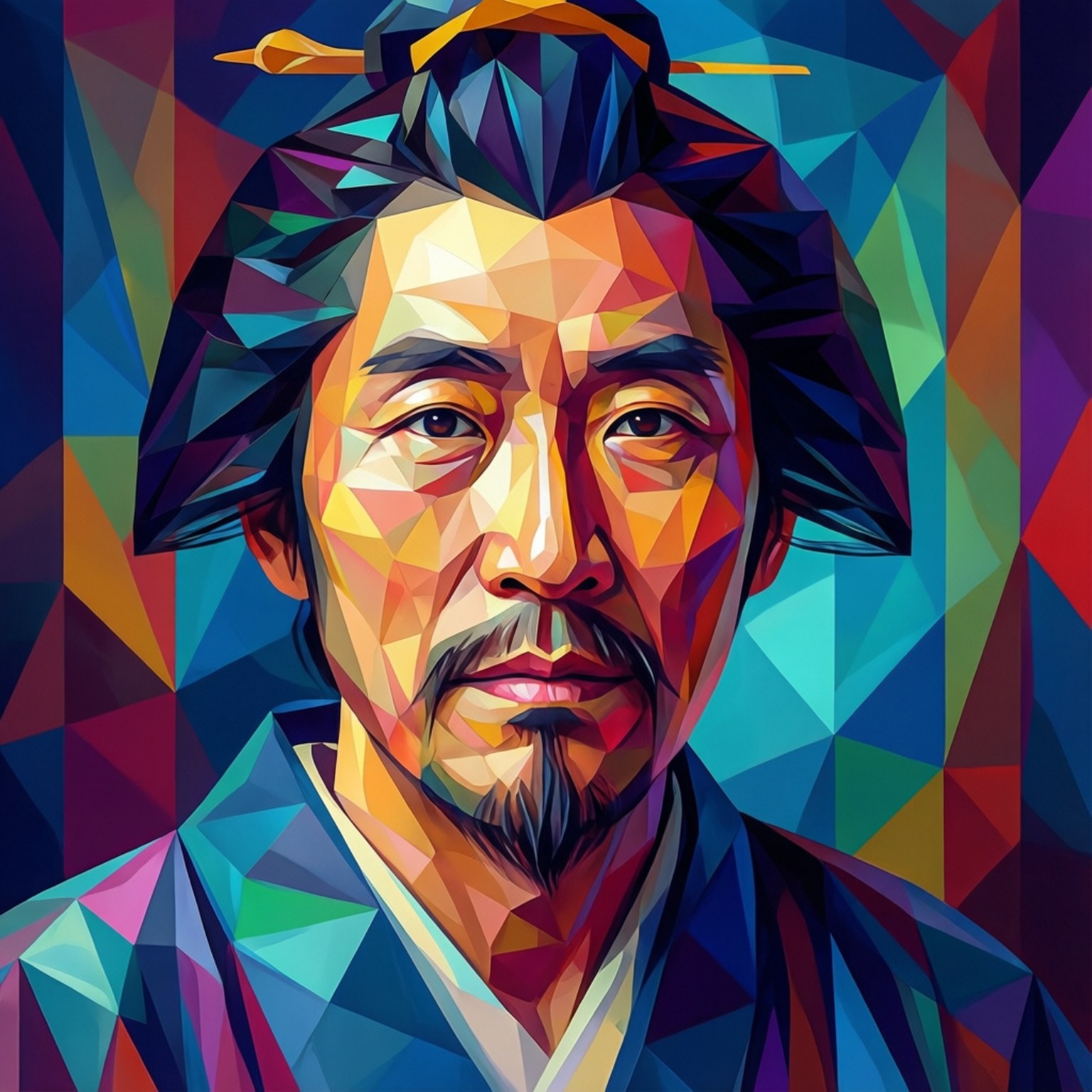 Geometric Vision 壁紙 — 一個充滿活力的幾何肖像，描繪一位穿著傳統服飾的亞洲男子，背景為彩色多邊形。