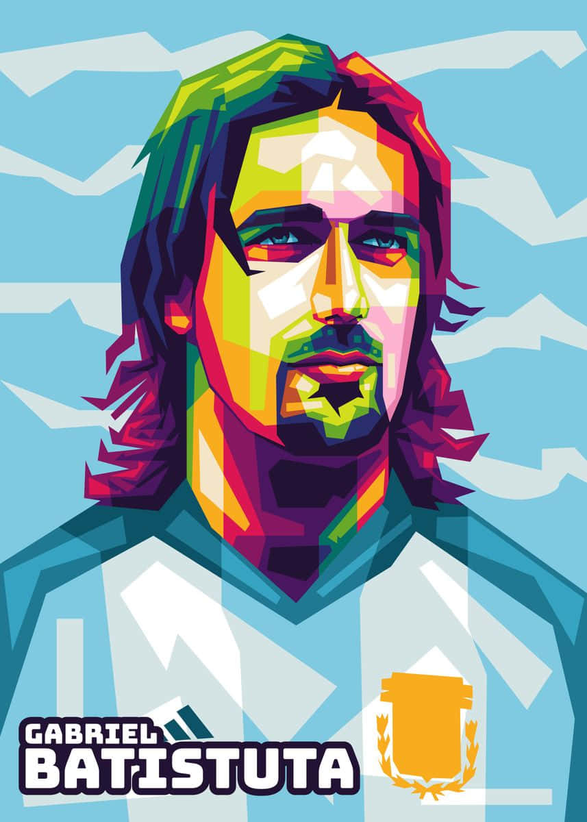 足球 桌布 壁紙 — Gabriel Batistuta 身穿阿根廷球衣，在風格化天空背景下的鮮明幾何肖像。