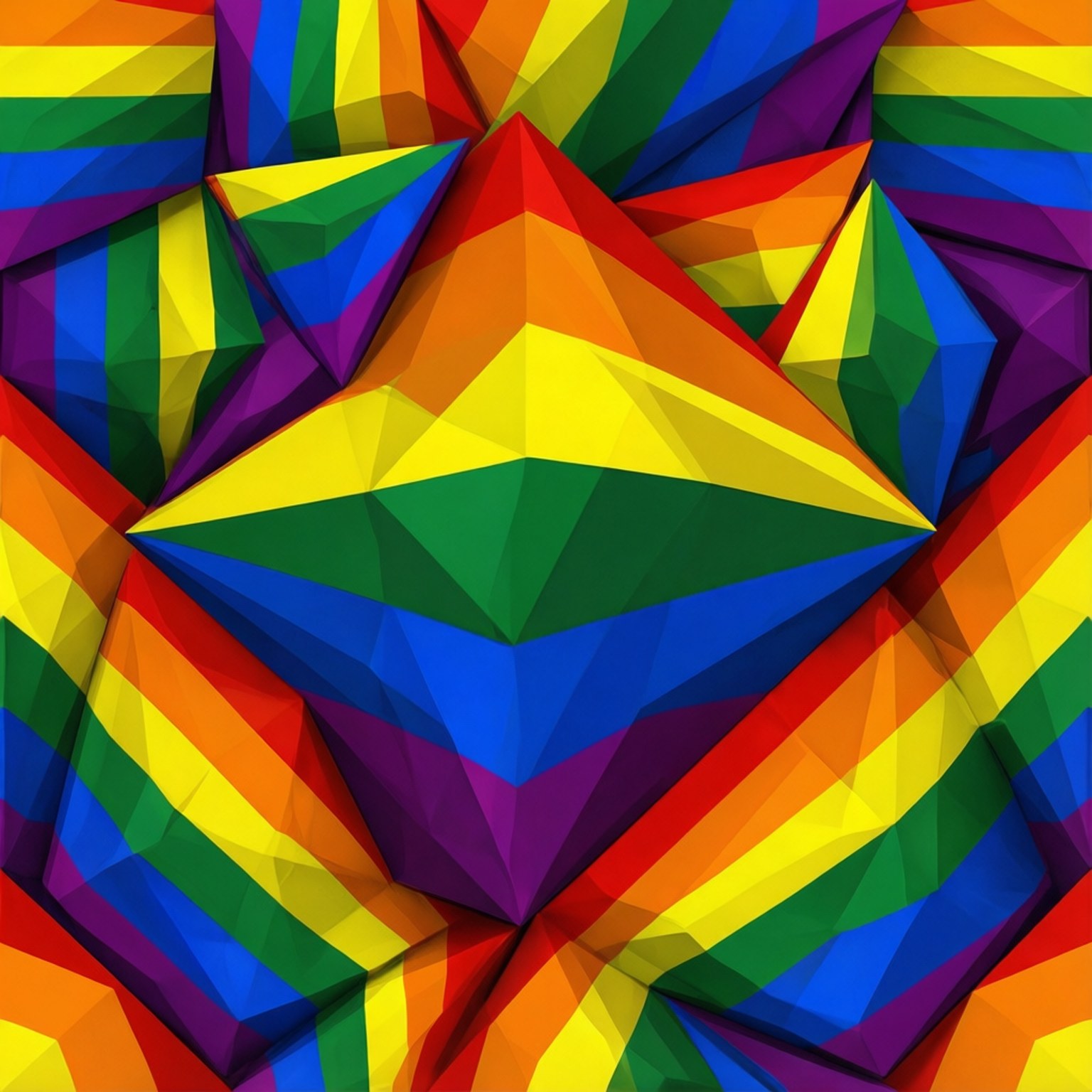 Geometric Pride Flag Pattern 壁紙 — 充滿活力的幾何彩虹三角形形成動態的低多邊形圖案，具有銳利的刻面和鮮明的顏色漸變。