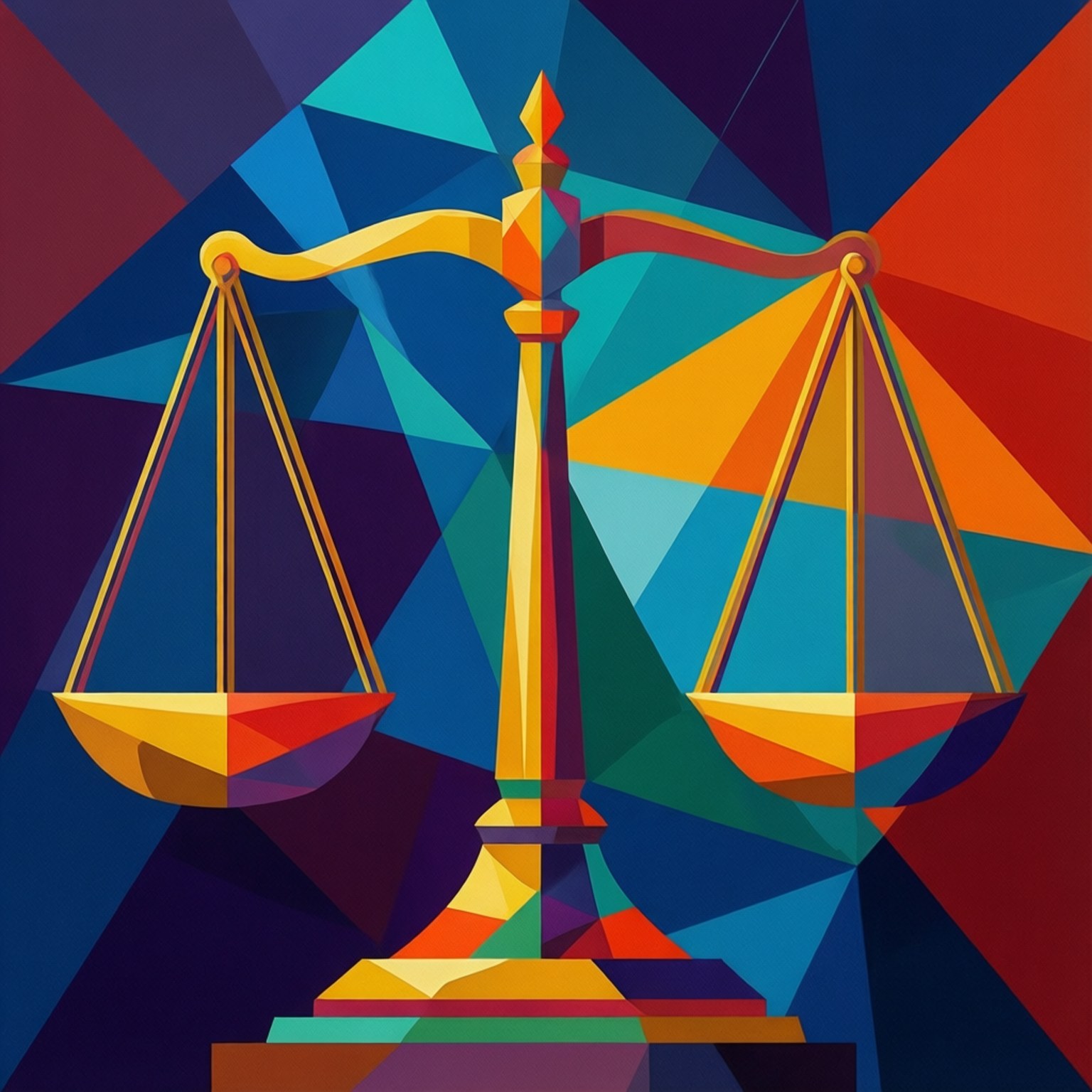 Geometric Libra Art 壁紙 — 一個充滿活力的幾何正義天秤，以大膽的色彩呈現在破碎的多邊形背景上。