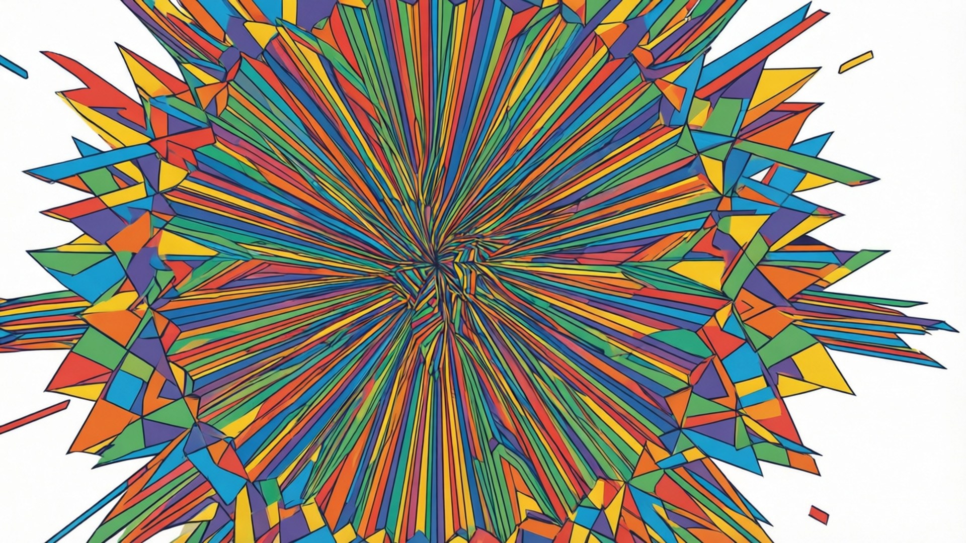 Rotate 桌布 壁紙 — 充滿活力的幾何碎片從中心點徑向爆炸，形成萬花筒般的彩虹色彩爆發。