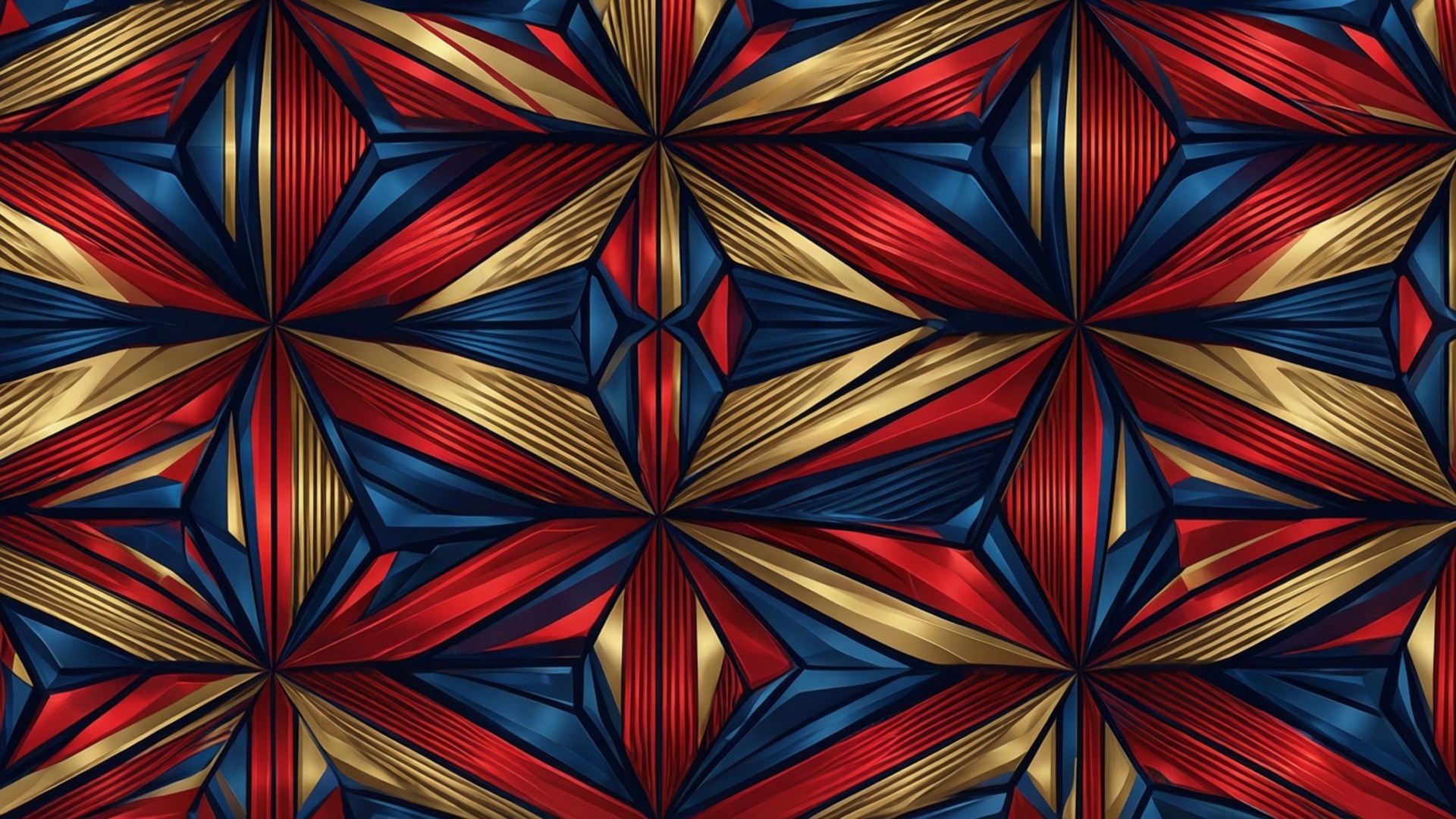 Geometric Team Colors 壁紙 — 充滿活力的幾何星爆圖案，紅、藍、金色，帶有銳利的角度切面和金屬光澤。