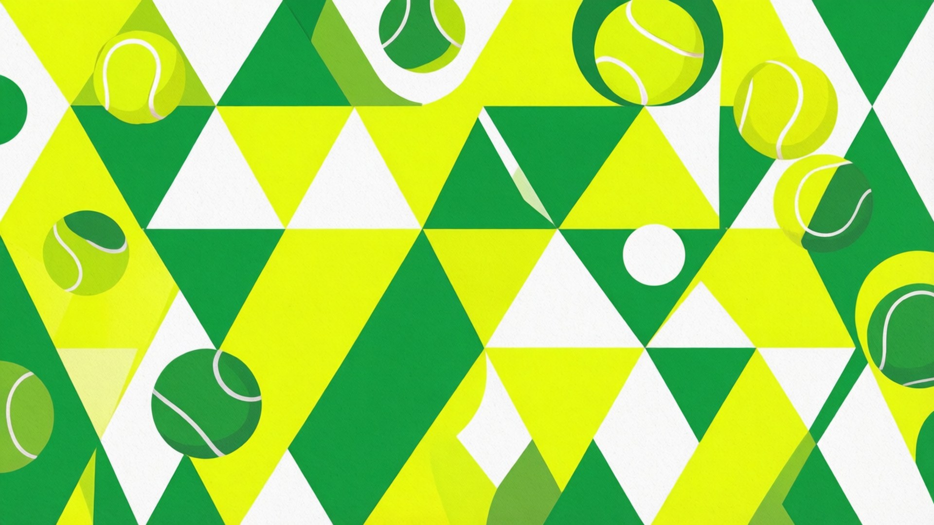 Geometric Tennis 壁紙 — 充滿活力的幾何圖案壁紙，以萊姆綠色網球點綴在由大膽的綠色、黃色和白色三角形組成的圖案中。
