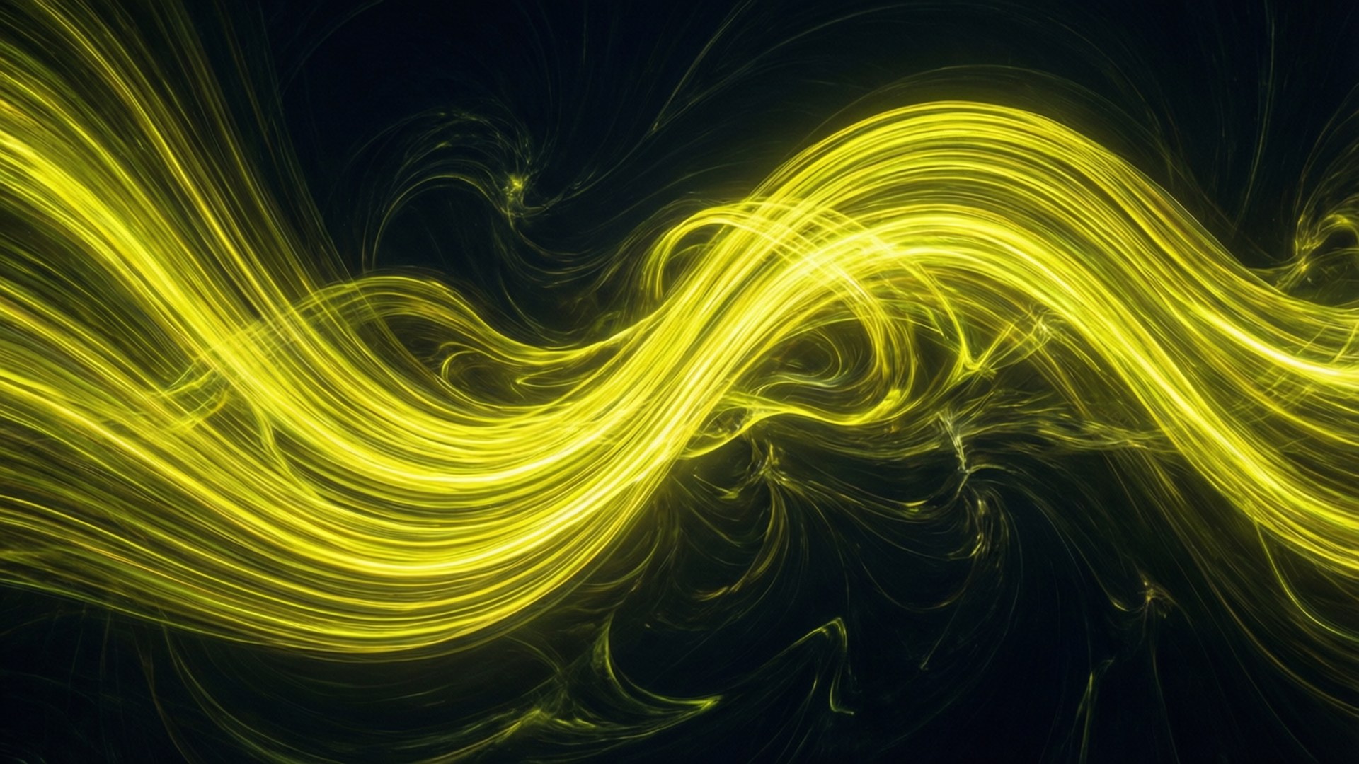 Neon Yellow Wave Abstract 壁紙 — 充滿活力的金黃色光線條在深黑色背景上動態流動，形成迷人的抽象圖案。