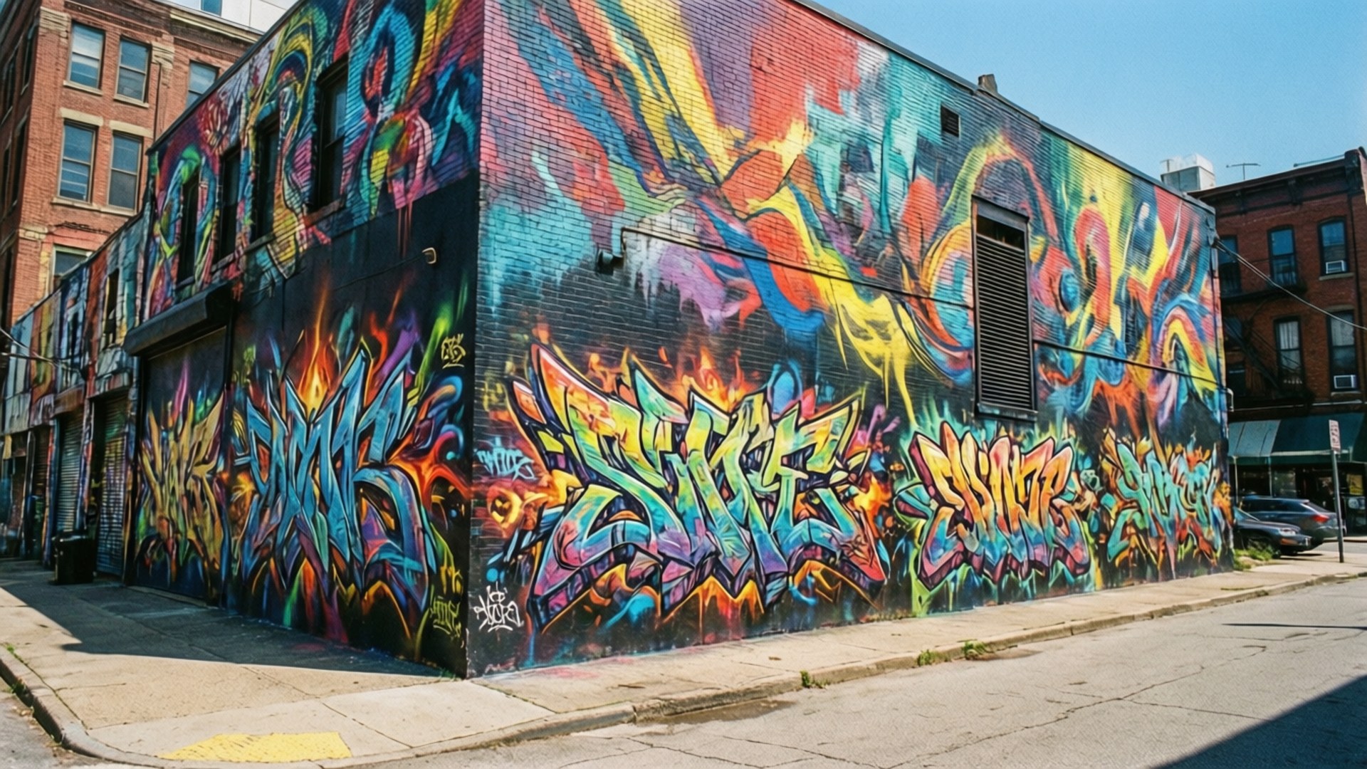 NuLu Street Art Mural 壁紙 — 充滿活力的塗鴉藝術在明亮的日光下，在城市的街景中，在磚砌建築的角落爆發。