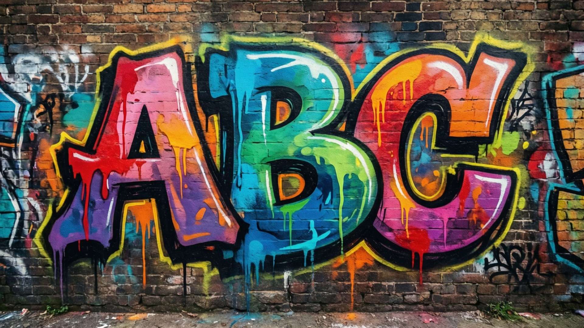 Graffiti ABC Mural 壁紙 — 充滿活力的塗鴉字母ABC在風化的磚牆上滴落彩虹油漆。